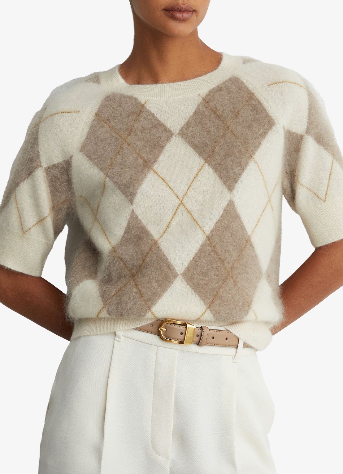 Reiss Aimee fijngebreide top van kasjmier met ruitdessin - detail 3 beige