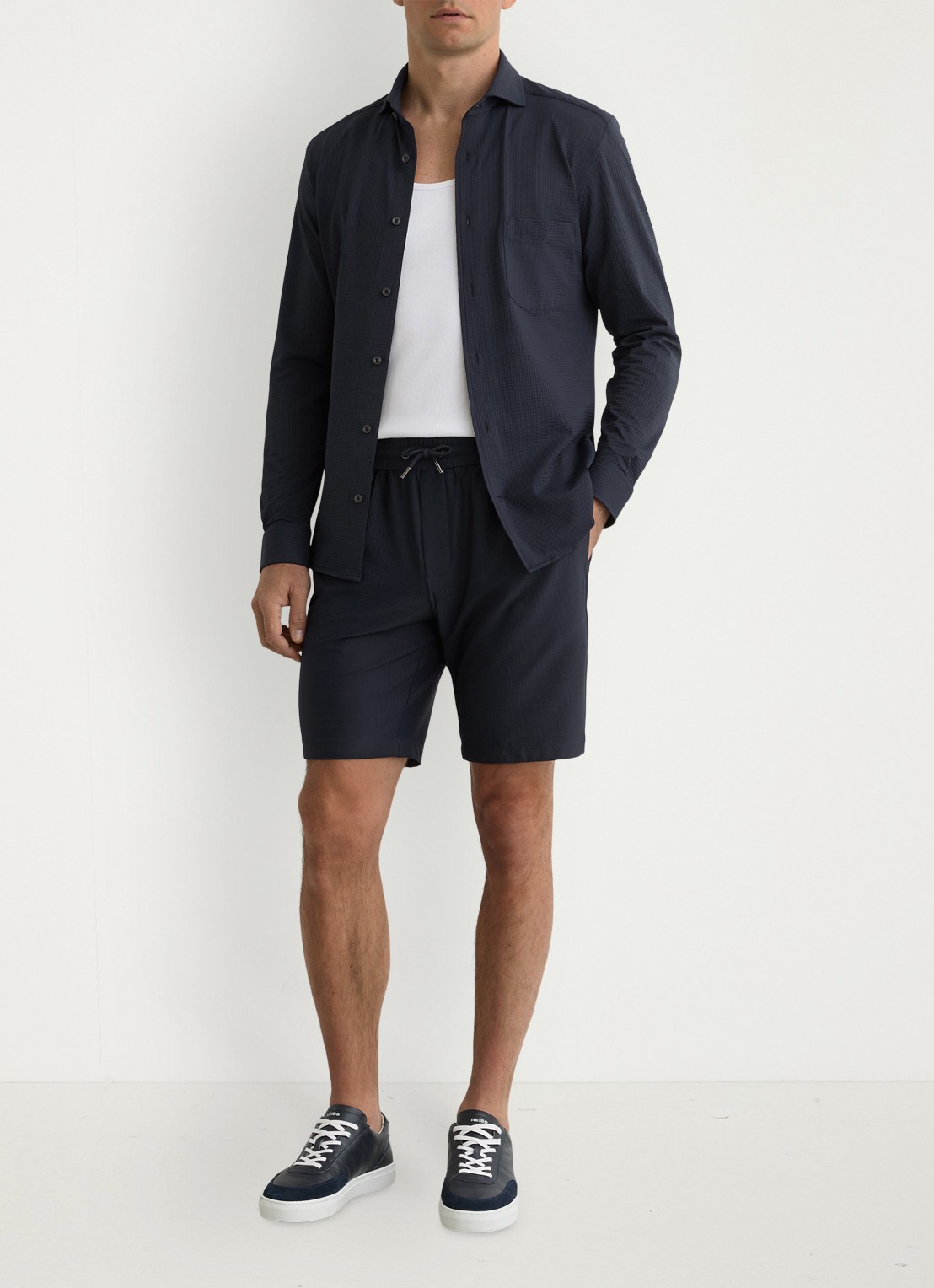 Reiss Ajay straight fit korte broek met structuur - voorkant 2 donkerblauw