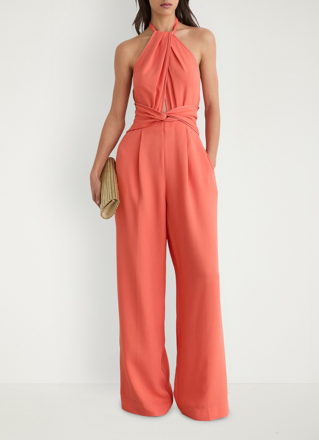 Reiss Akia wide fit jumpsuit met steekzakken - voorkant 8 koraalroze