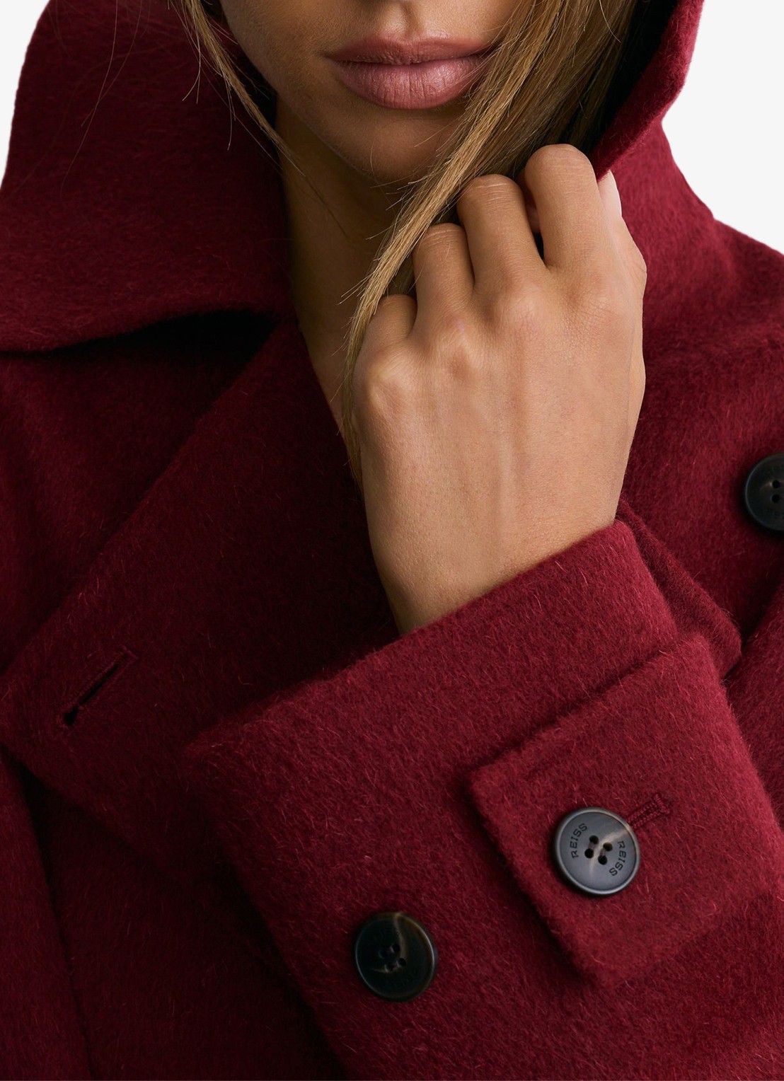 Reiss Alara lange jas in wolblend - detail 2 rood