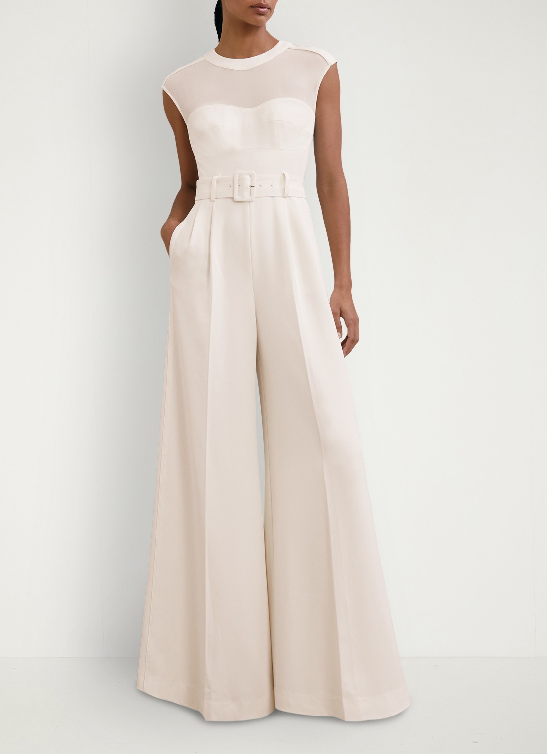 Reiss Alba wide fit jumpsuit met mesh en ceintuur - detail 3 wit