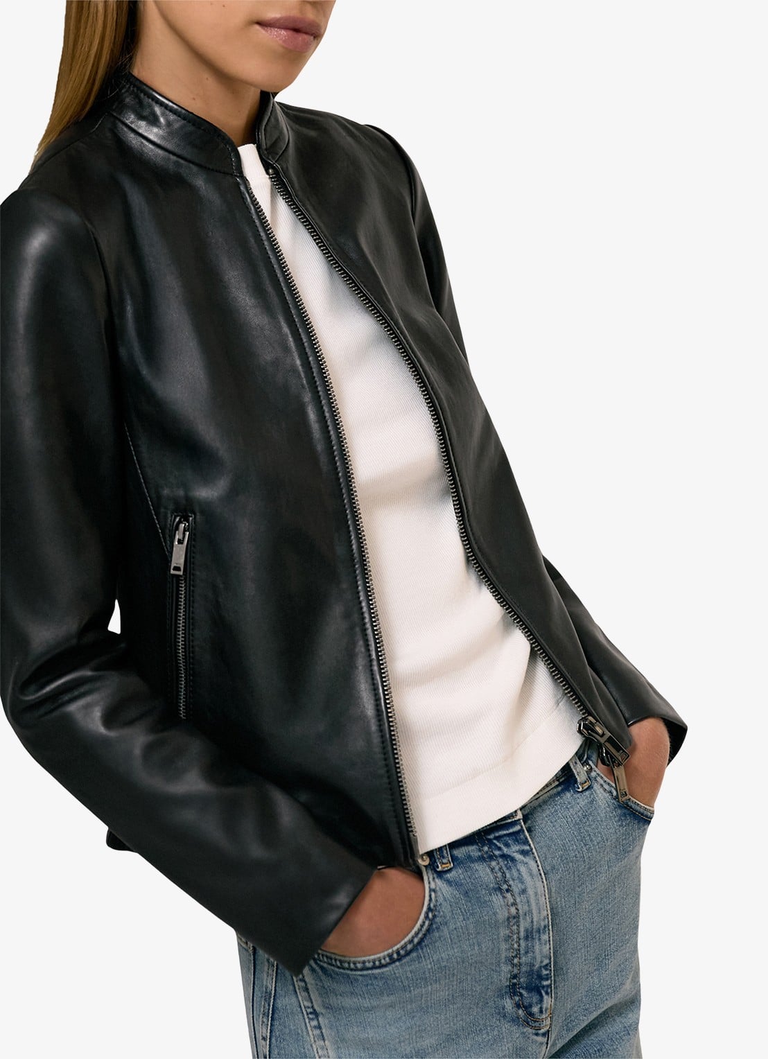 Reiss Allie bikerjack van schapenleer - detail zwart