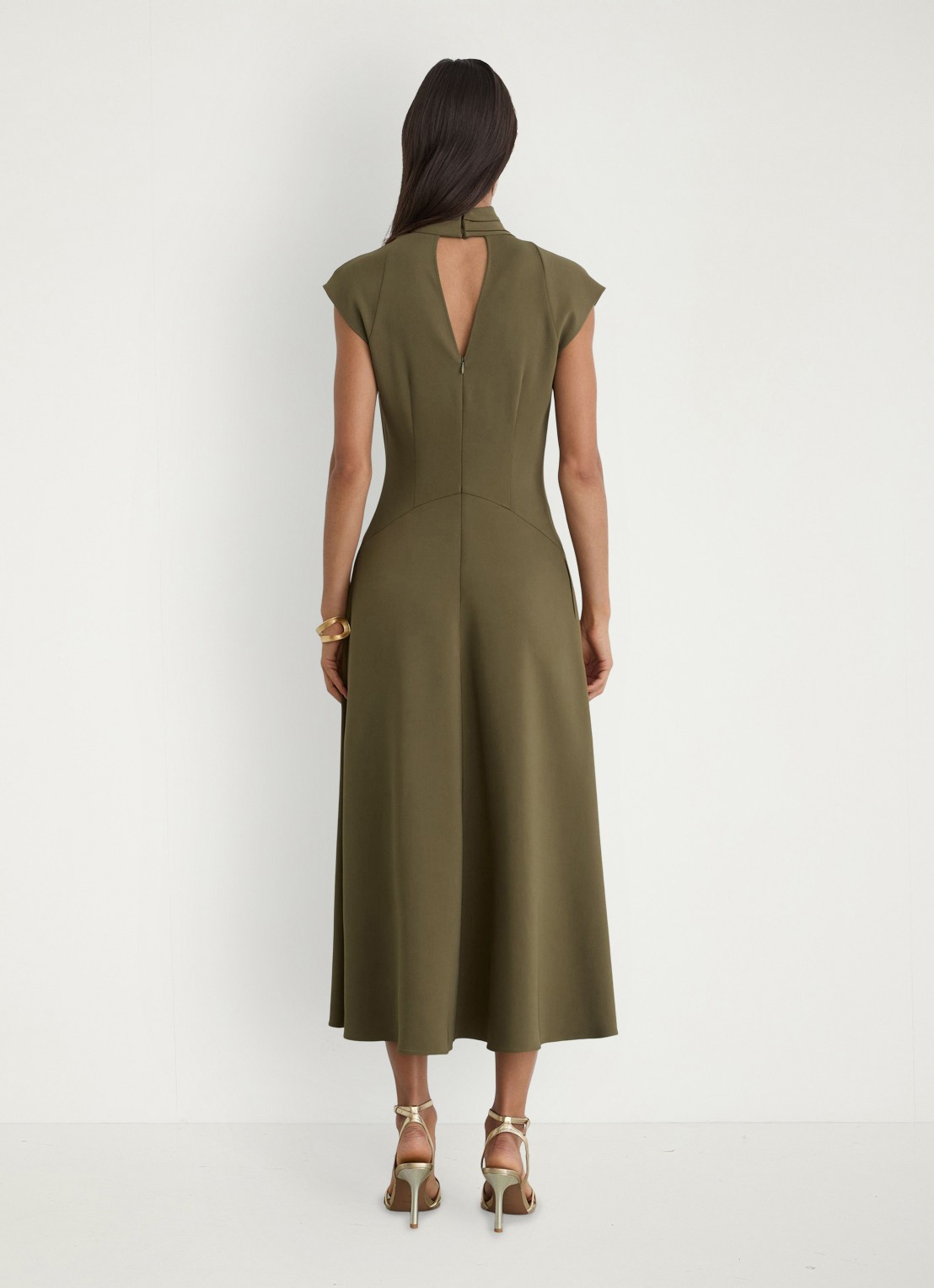 Reiss ALMA midi A-lijn jurk met plooien  - achterkant 3 khaki