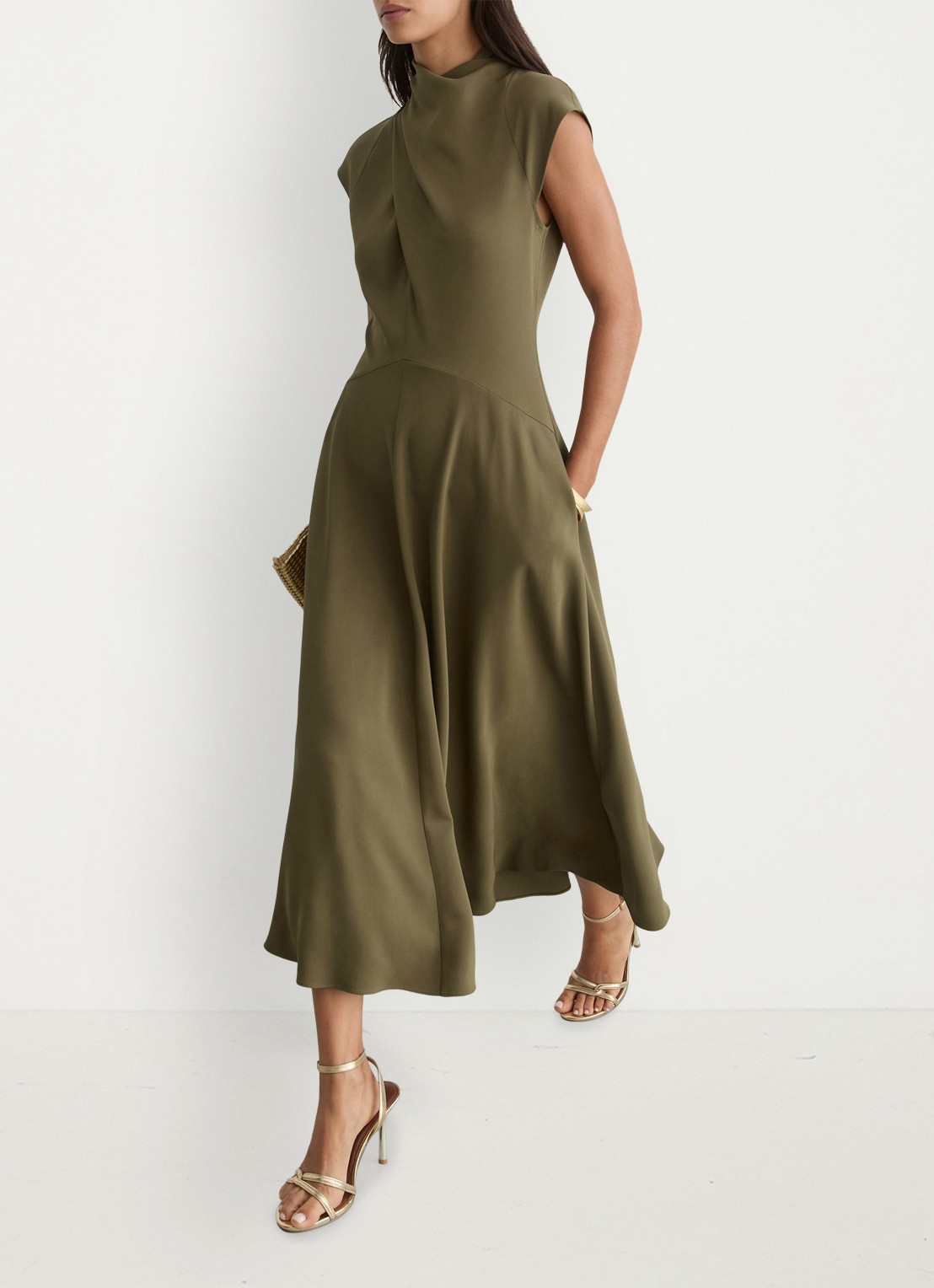 Reiss ALMA midi A-lijn jurk met plooien  - detail 4 khaki