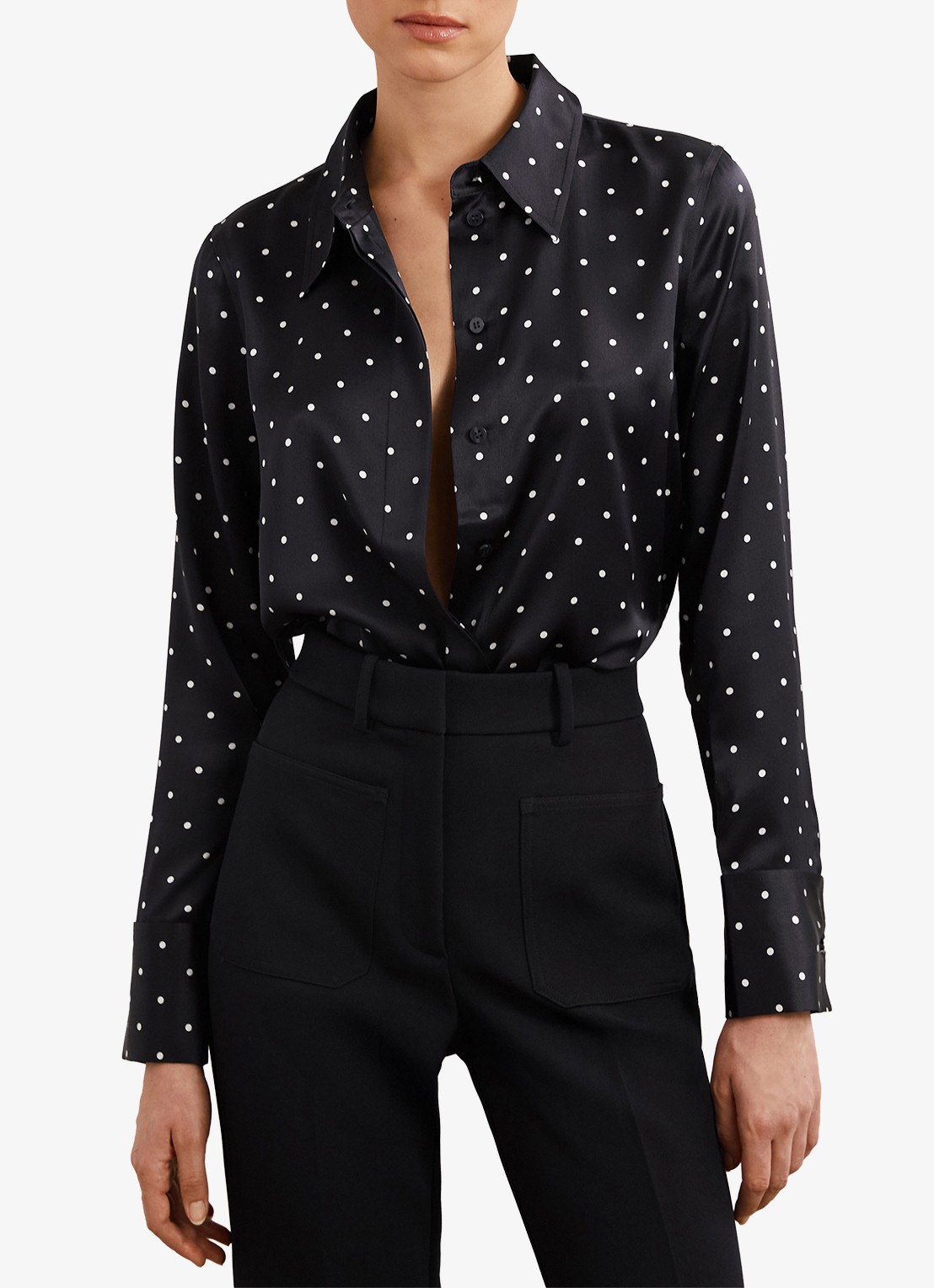 Reiss Ameira blouse van zijde met stippenprint - detail 3 donkerblauw