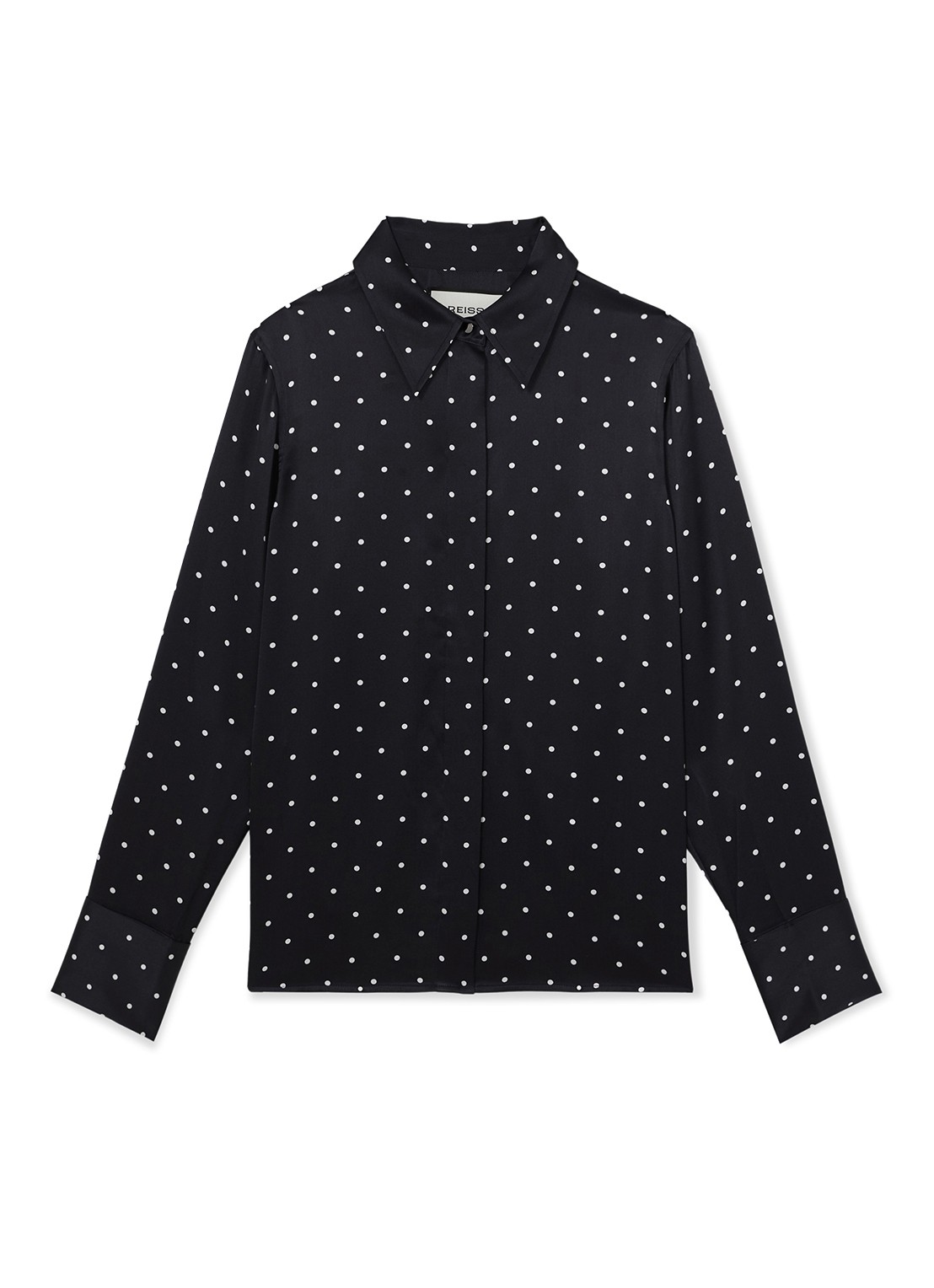 Reiss Ameira blouse van zijde met stippenprint - voorkant donkerblauw
