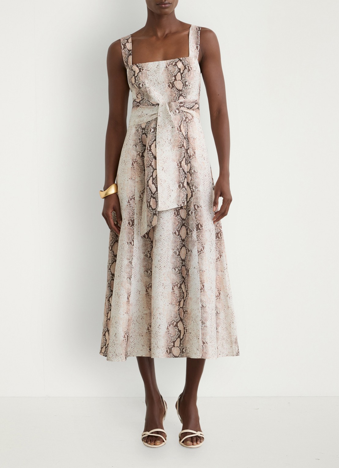 Reiss Amy midi jurk in linnenblend met slangenprint - detail beige