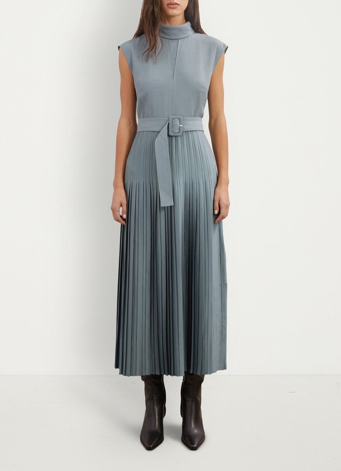 Reiss Ania midi jurk met plooien en col - detail 3 donkerblauw
