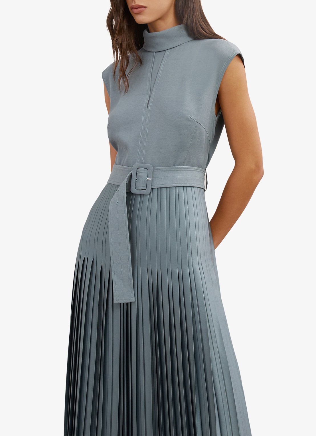 Reiss Ania midi jurk met plooien en col - detail 4 donkerblauw