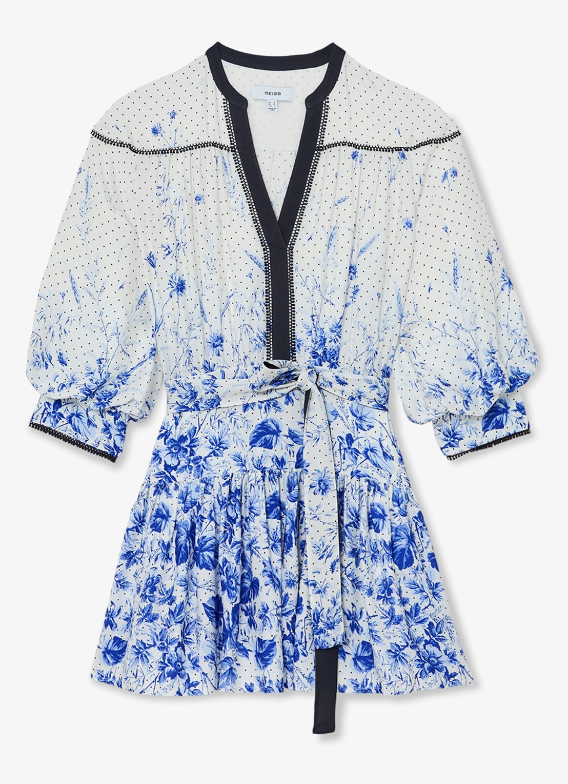 Reiss Anisa mini jurk met strikceintuur en bloemenprint - voorkant 5 blauw