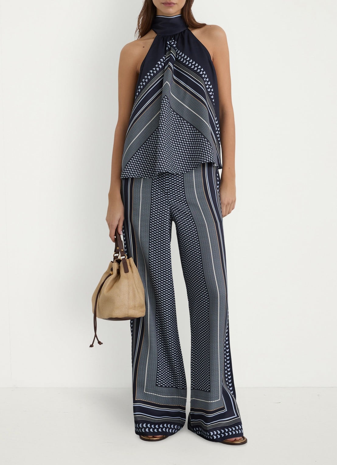 Reiss Anna high waist wide fit pantalon met print - voorkant 2 blauw