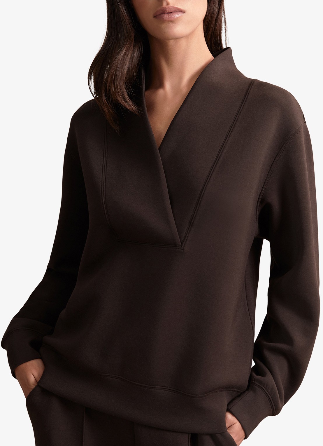 Reiss ANNABEL Premium Interlock Shawl-Neck Sweatshirt with Modal - detail 4 chocoladebruin