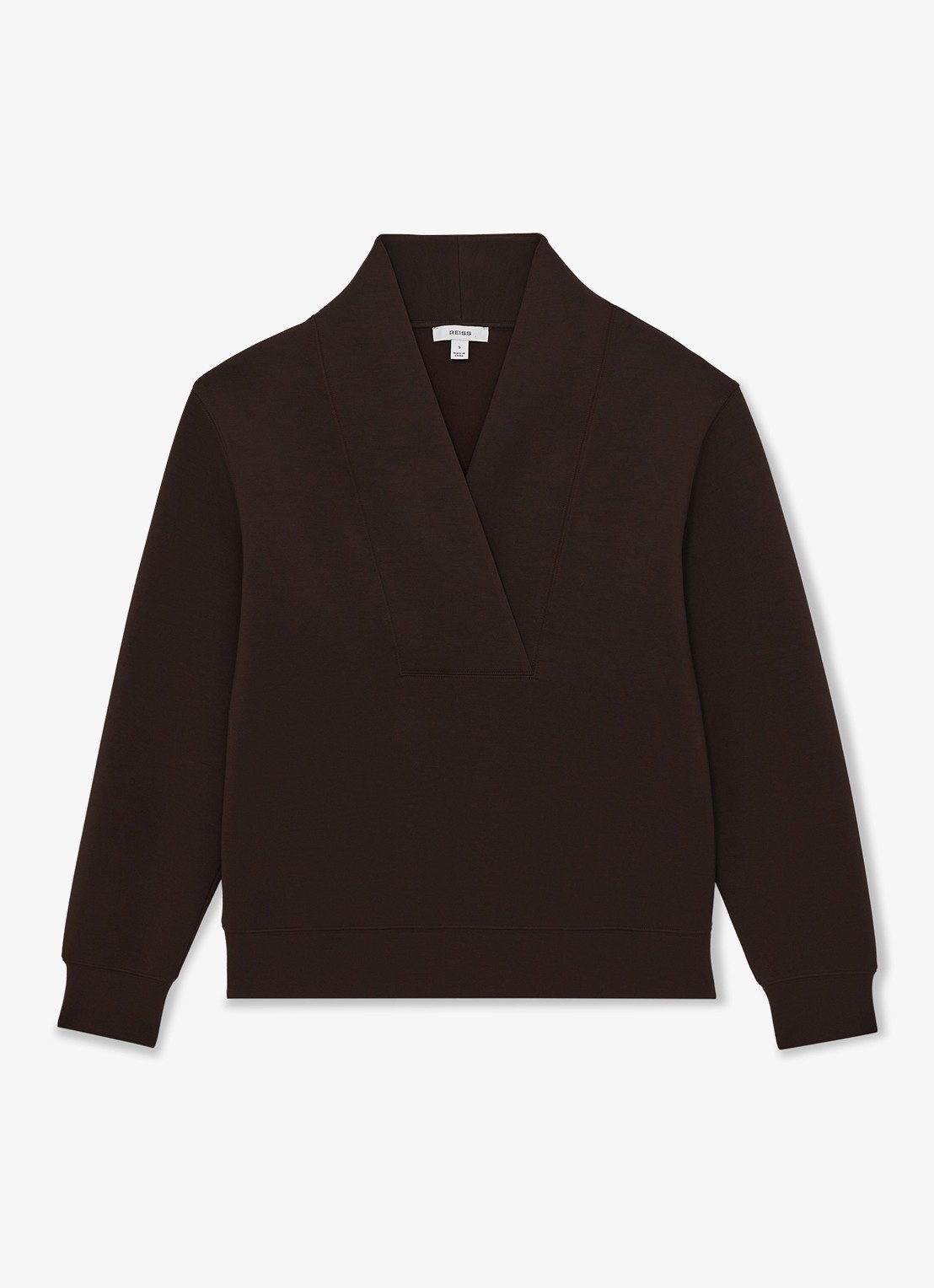 Reiss ANNABEL Premium Interlock Shawl-Neck Sweatshirt with Modal - voorkant chocoladebruin