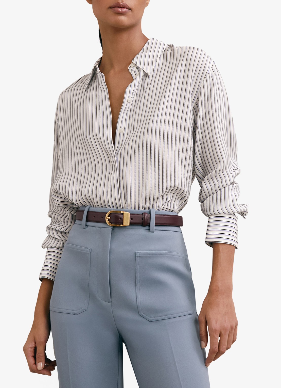 Reiss Annika blouse met streepprint - detail 3 lichtblauw