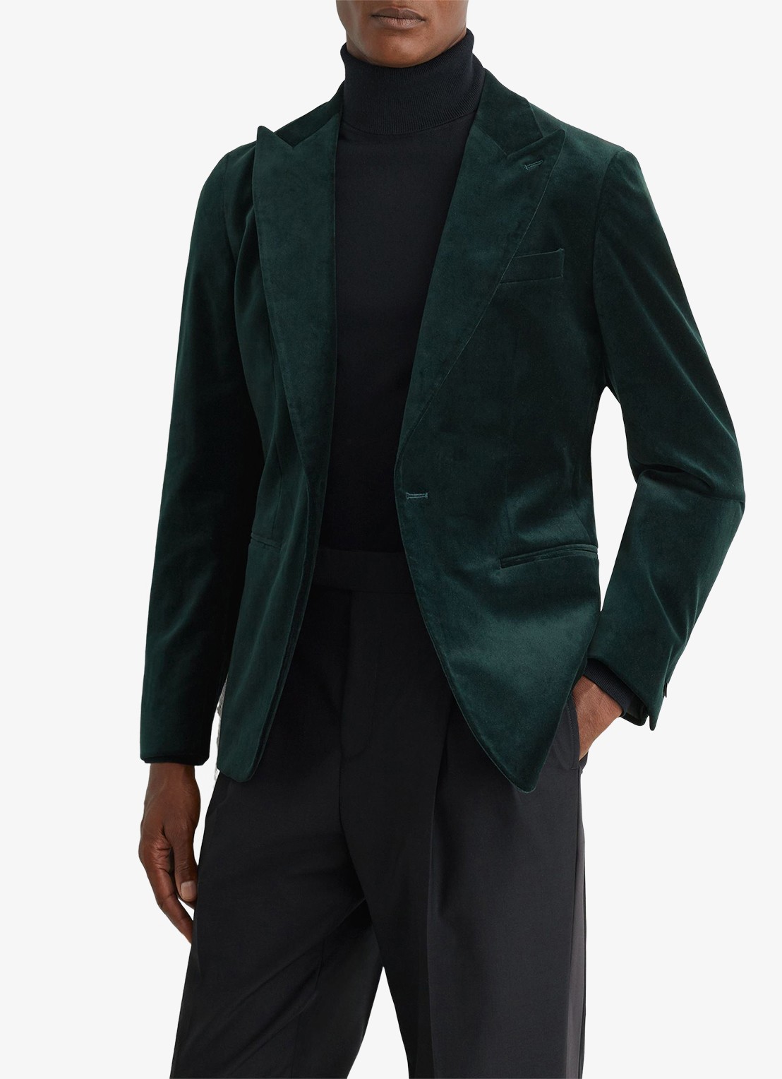 Reiss Apsara slim fit colbert van fluweel met borstzak - detail donkergroen