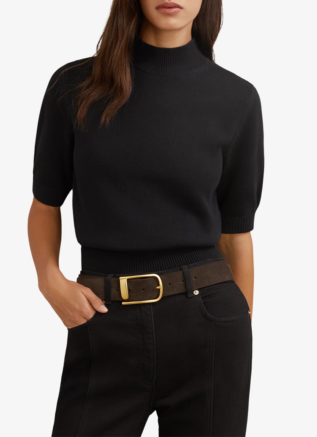 Reiss Aria fijngebreide top in wolblend met opstaande kraag - detail 4 black / zwart
