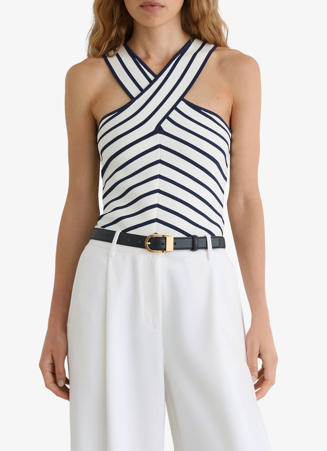 Reiss Aria fijngebreide top met streepprint - detail wit / navy