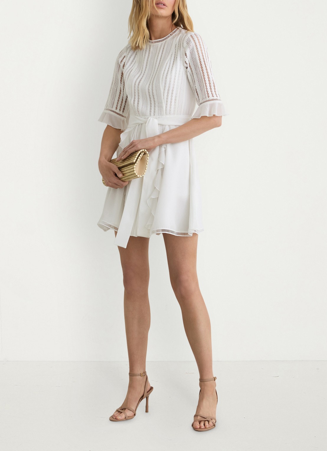 Reiss Armina mini jurk met strikceintuur - voorkant 3 wit