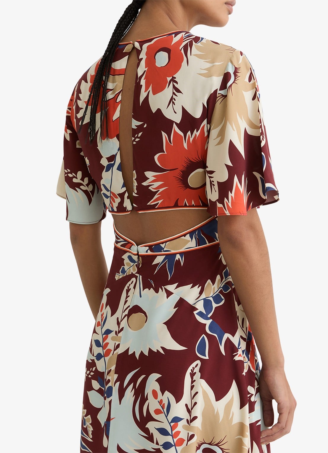Reiss Asha midi jurk met print en cut-out details - achterkant 7 bordeauxrood