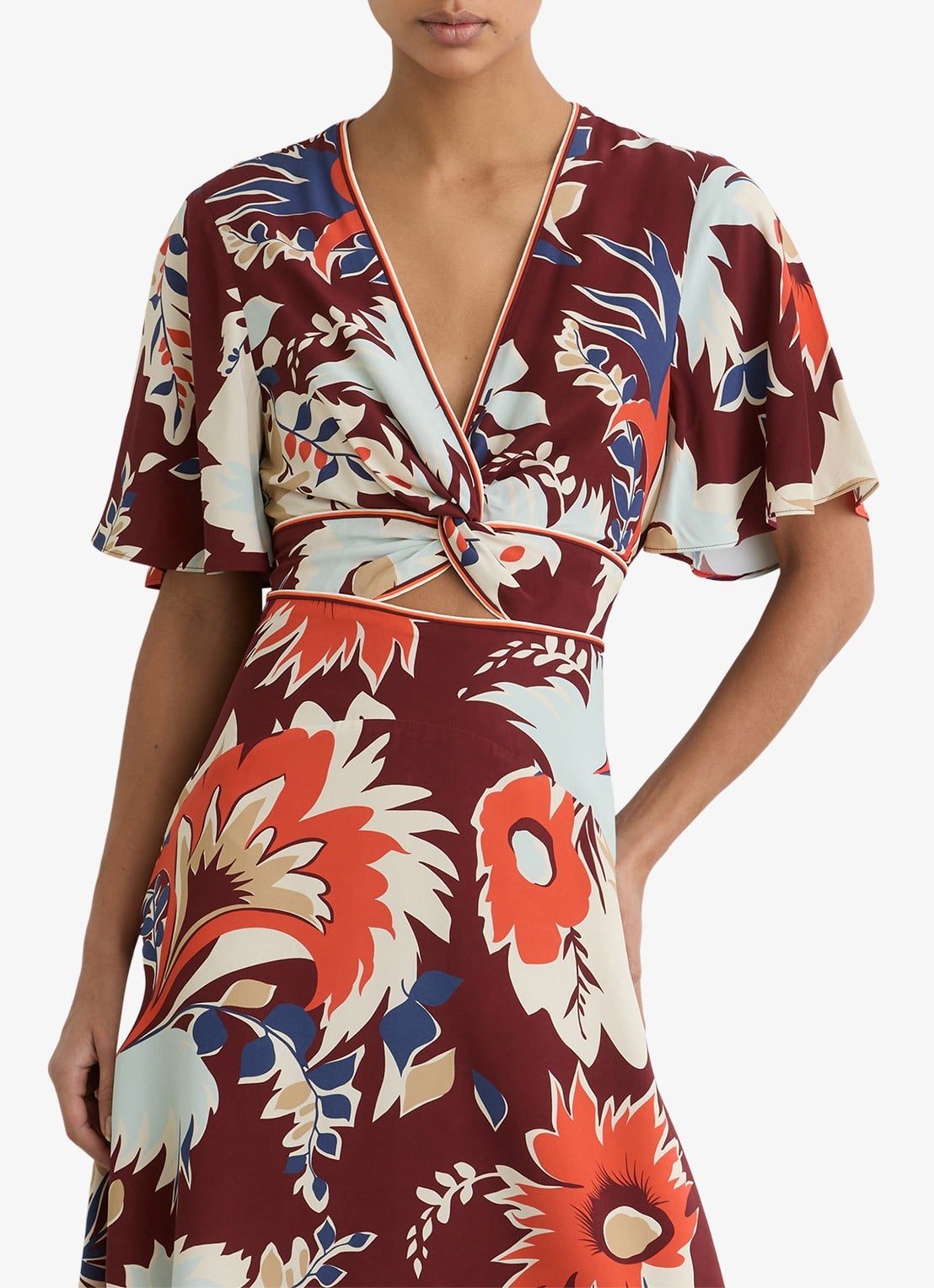 Reiss Asha midi jurk met print en cut-out details - detail 3 bordeauxrood