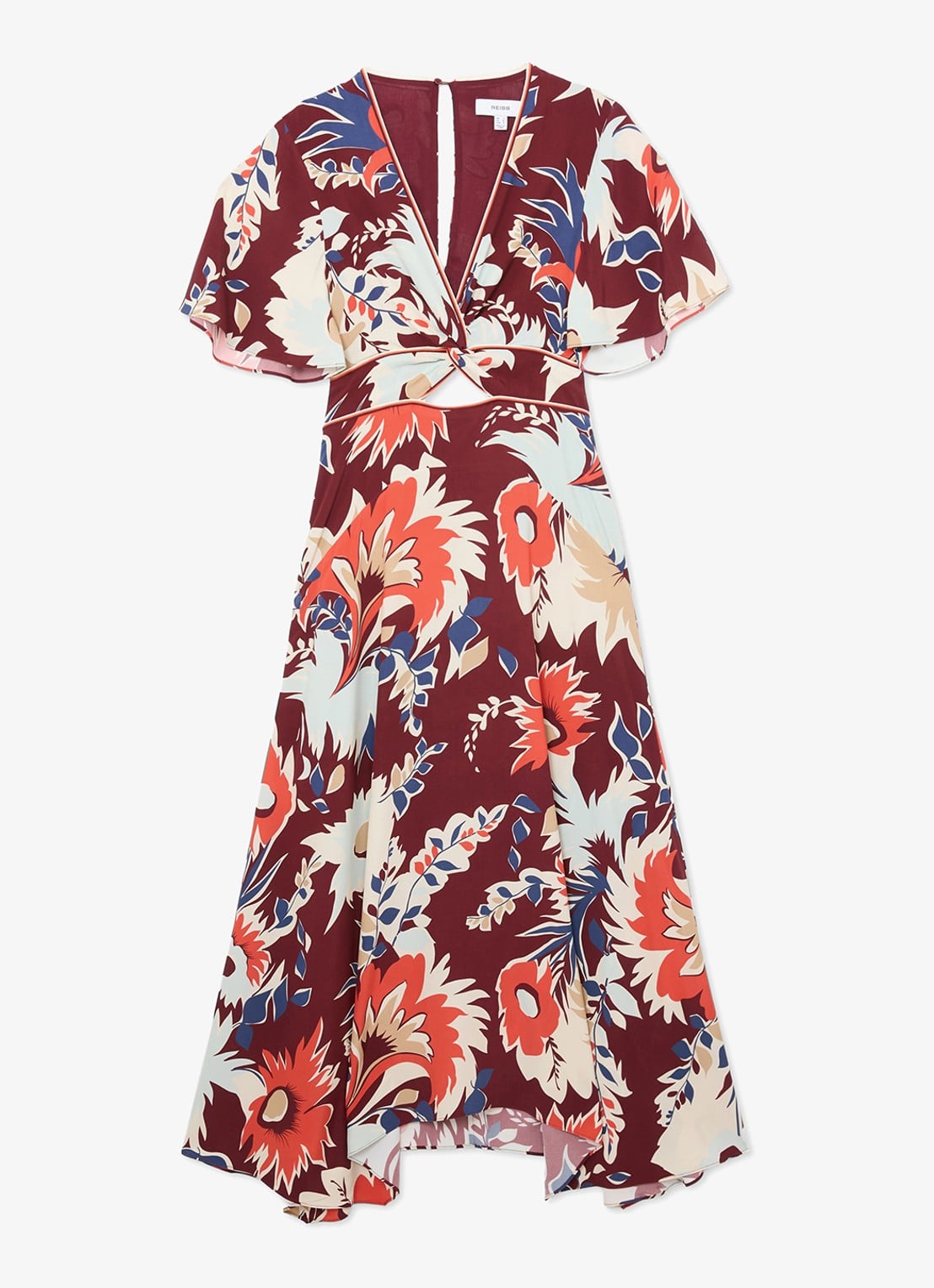 Reiss Asha midi jurk met print en cut-out details - voorkant bordeauxrood