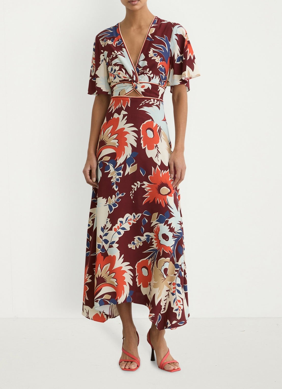 Reiss Asha midi jurk met print en cut-out details - voorkant 2 bordeauxrood
