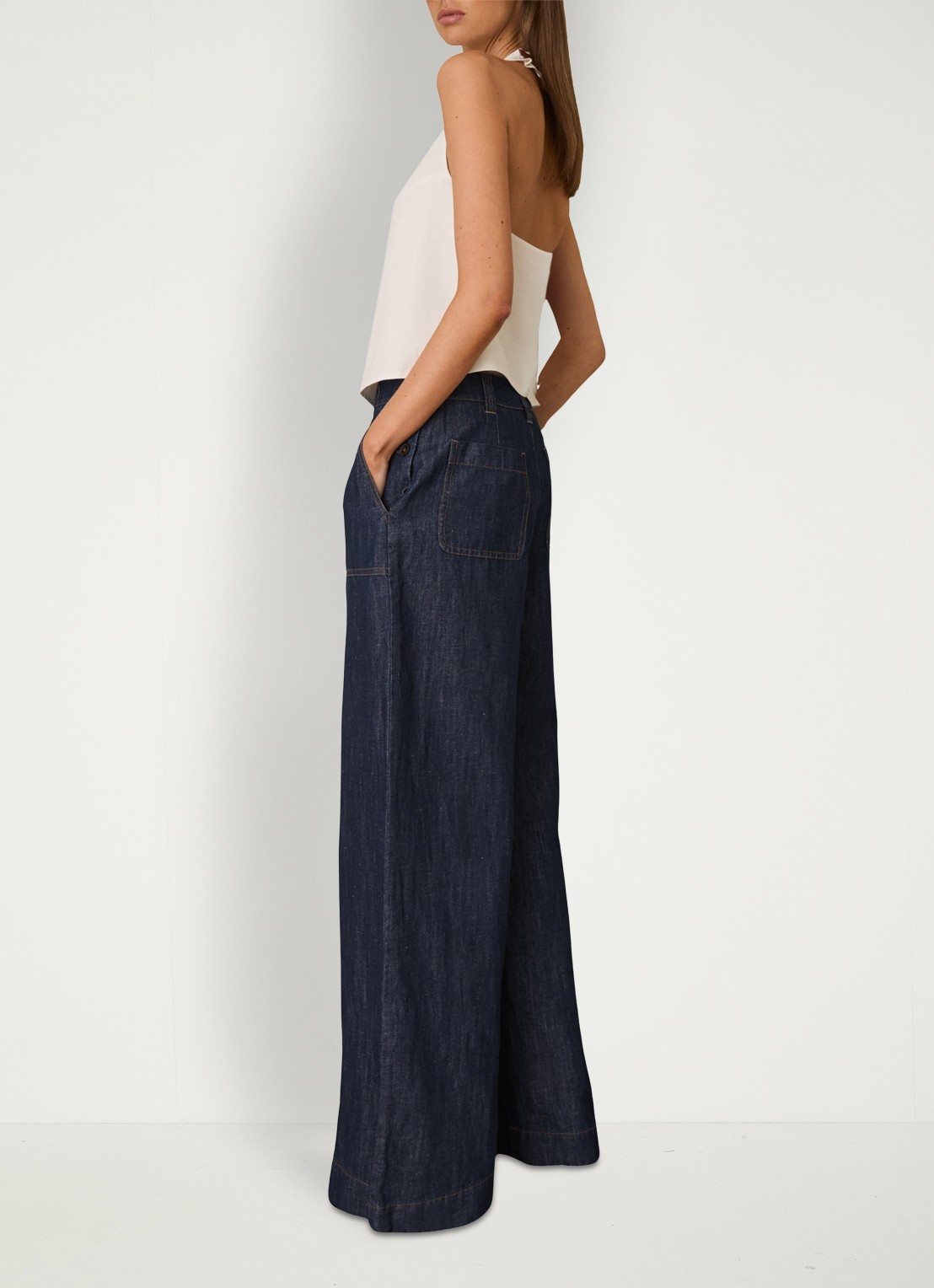 Reiss Ashby high waist fit broek van chambray - detail 3 indigo