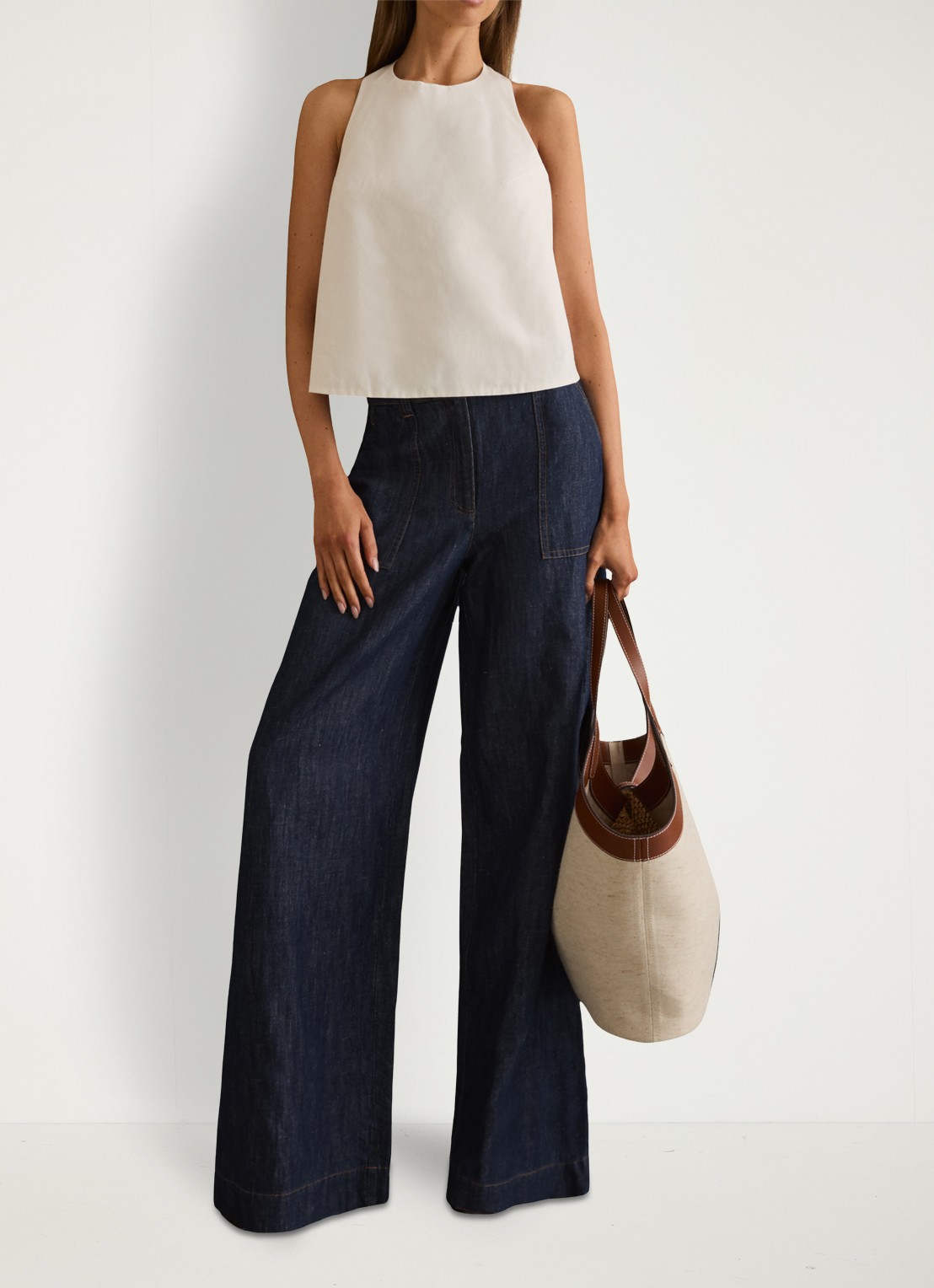 Reiss Ashby high waist fit broek van chambray - voorkant 5 indigo