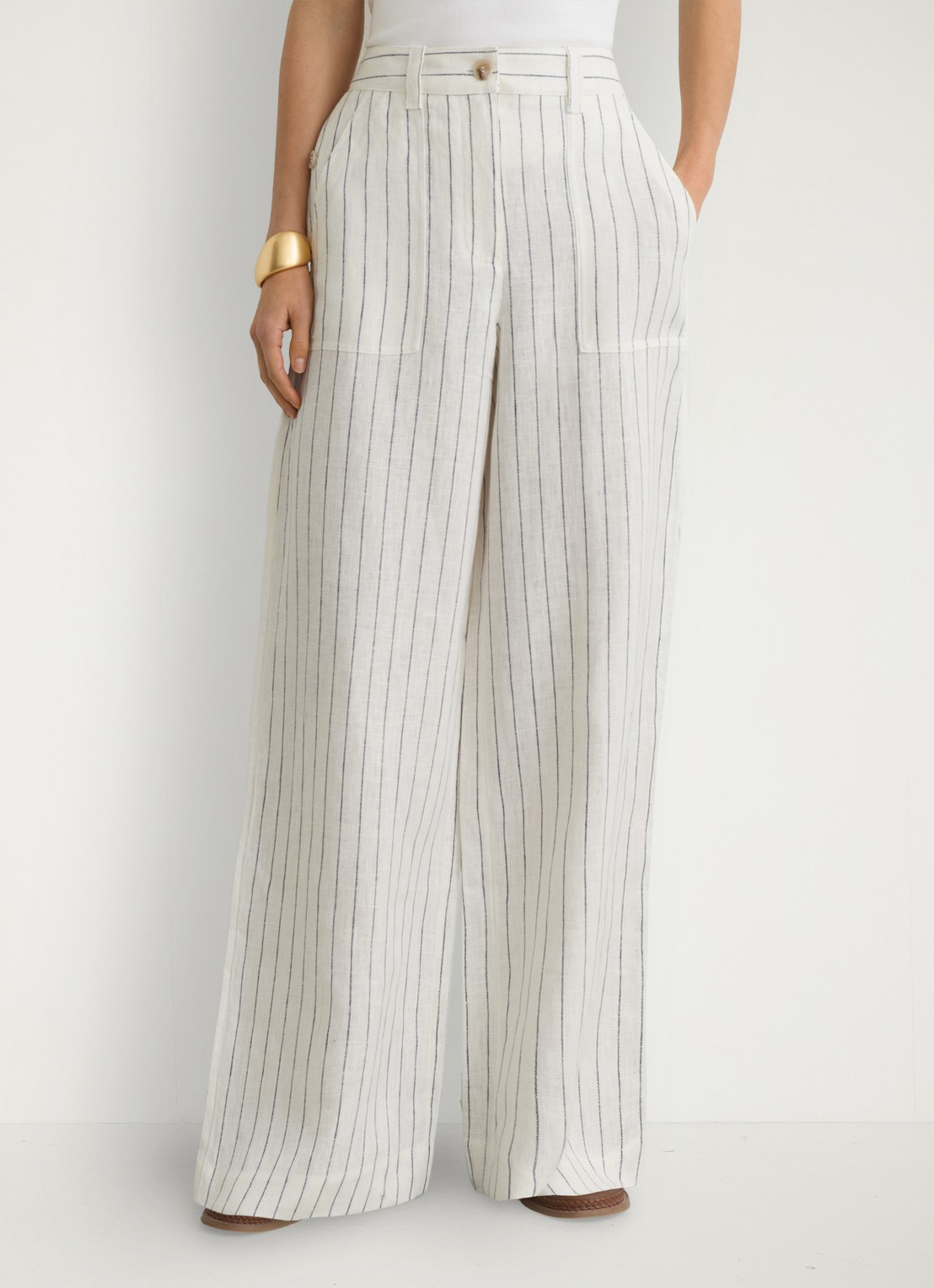 Reiss Ashby high waist wide fit pantalon van linnen - detail 3 gebroken wit
