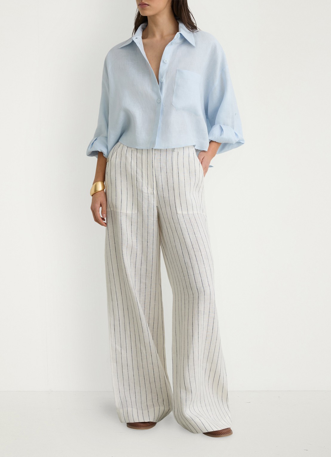 Reiss Ashby high waist wide fit pantalon van linnen - voorkant 2 gebroken wit