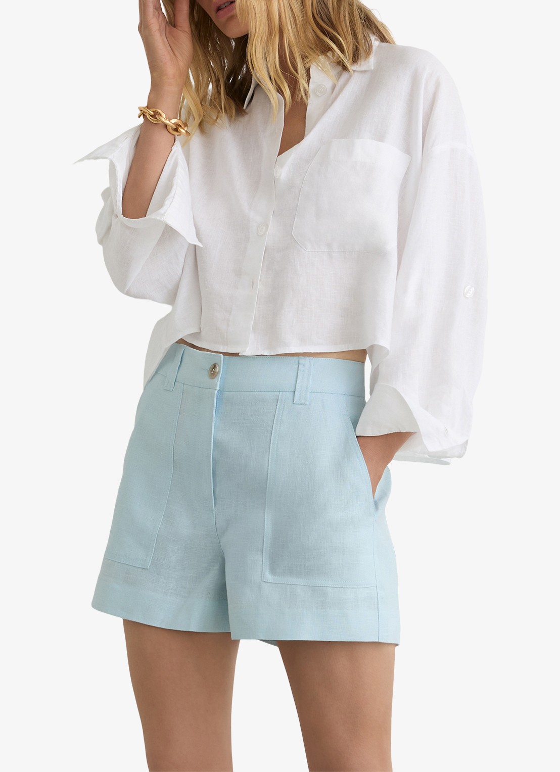 Reiss ASHBY Linen Shorts - detail 5 lichtblauw