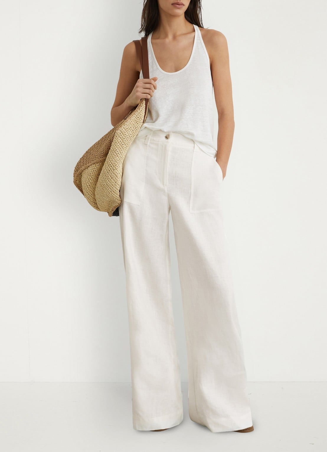 Reiss Ashby mid waist wide fit broek van linnen met steekzakken - voorkant 3 wit