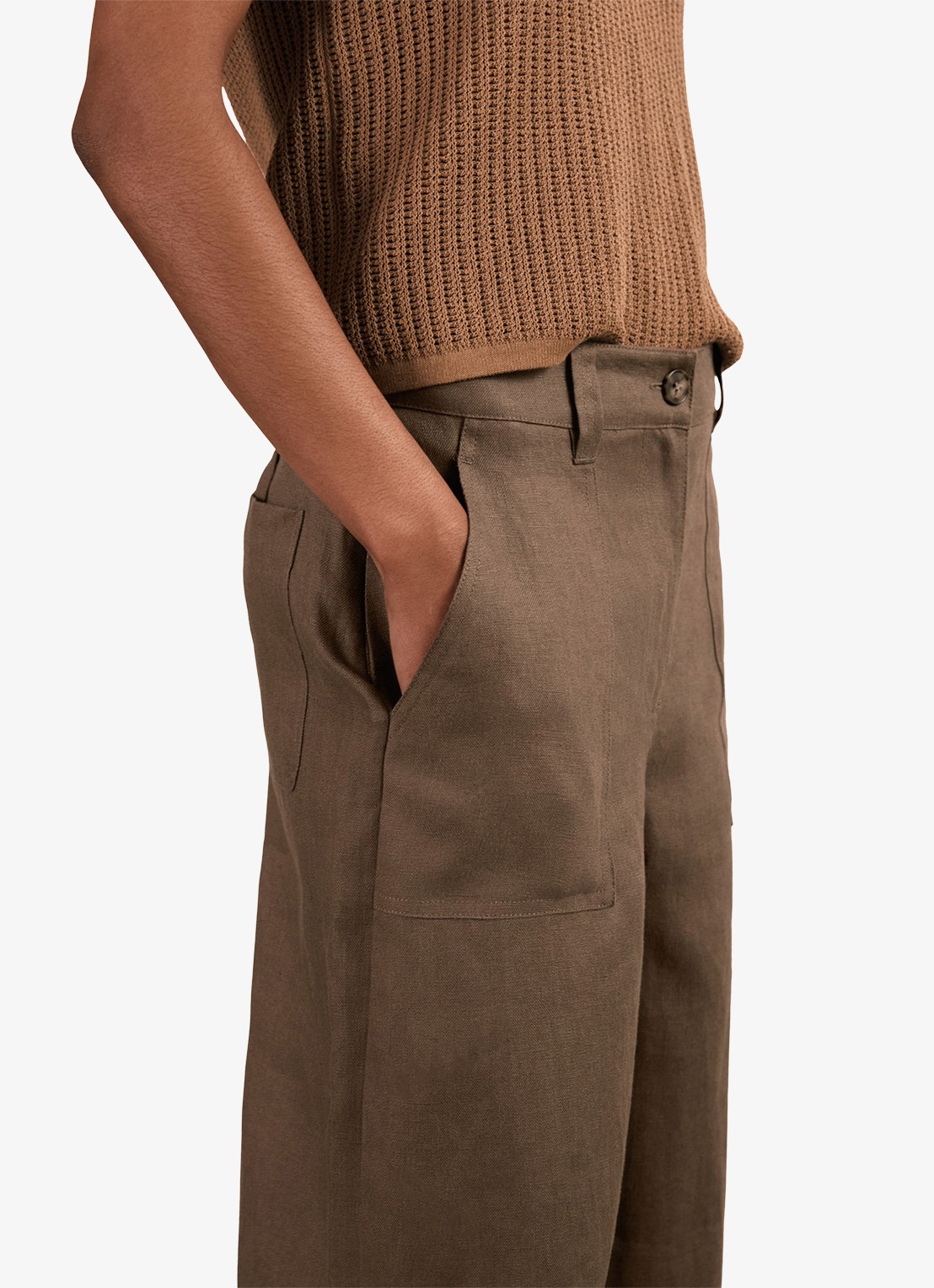 Reiss Ashby mid waist wide fit broek van linnen met steekzakken - detail 4 chocoladebruin
