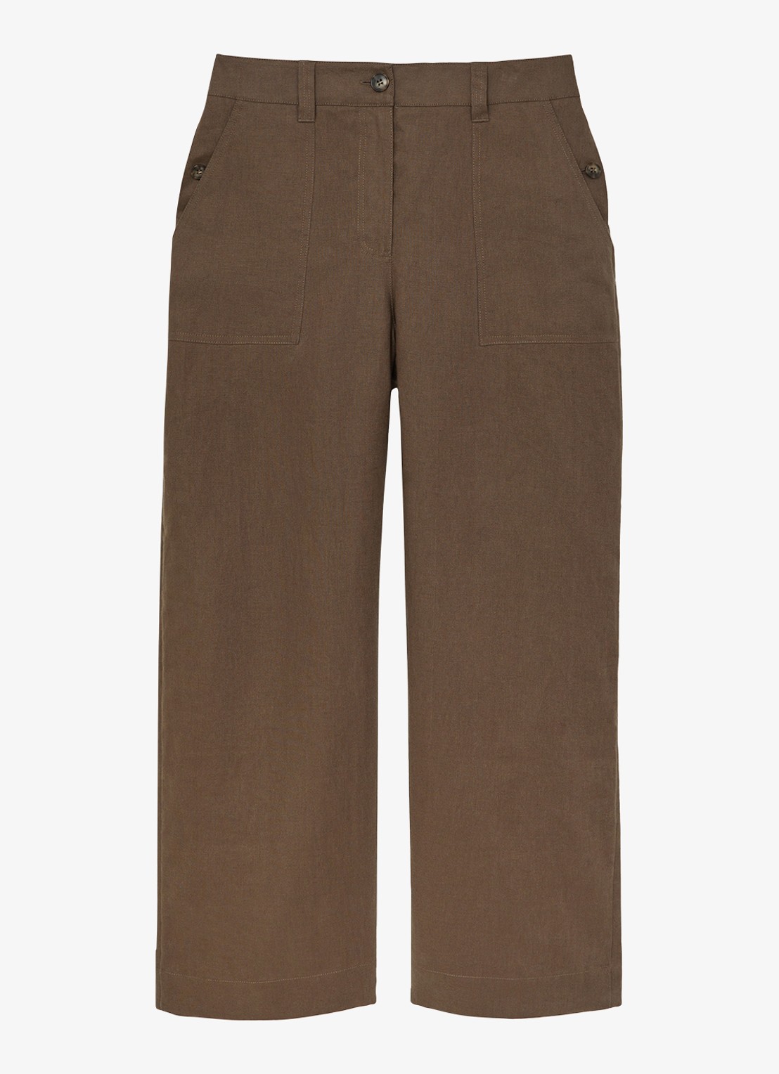 Reiss Ashby mid waist wide fit broek van linnen met steekzakken - voorkant chocoladebruin