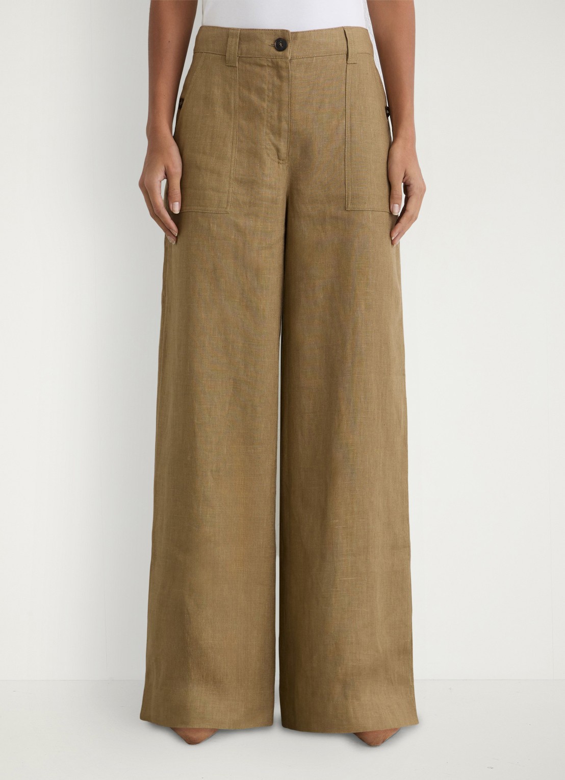 Reiss Ashby mid waist wide fit broek van linnen met steekzakken - detail 4 khaki