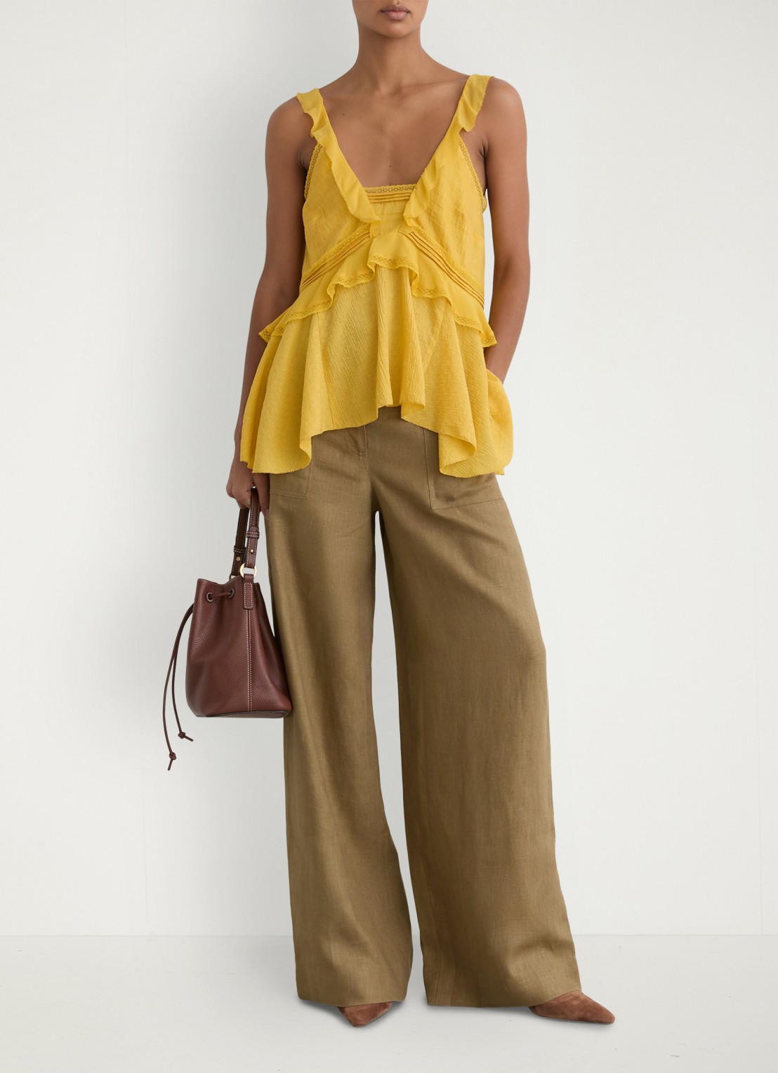 Reiss Ashby mid waist wide fit broek van linnen met steekzakken - voorkant 3 khaki