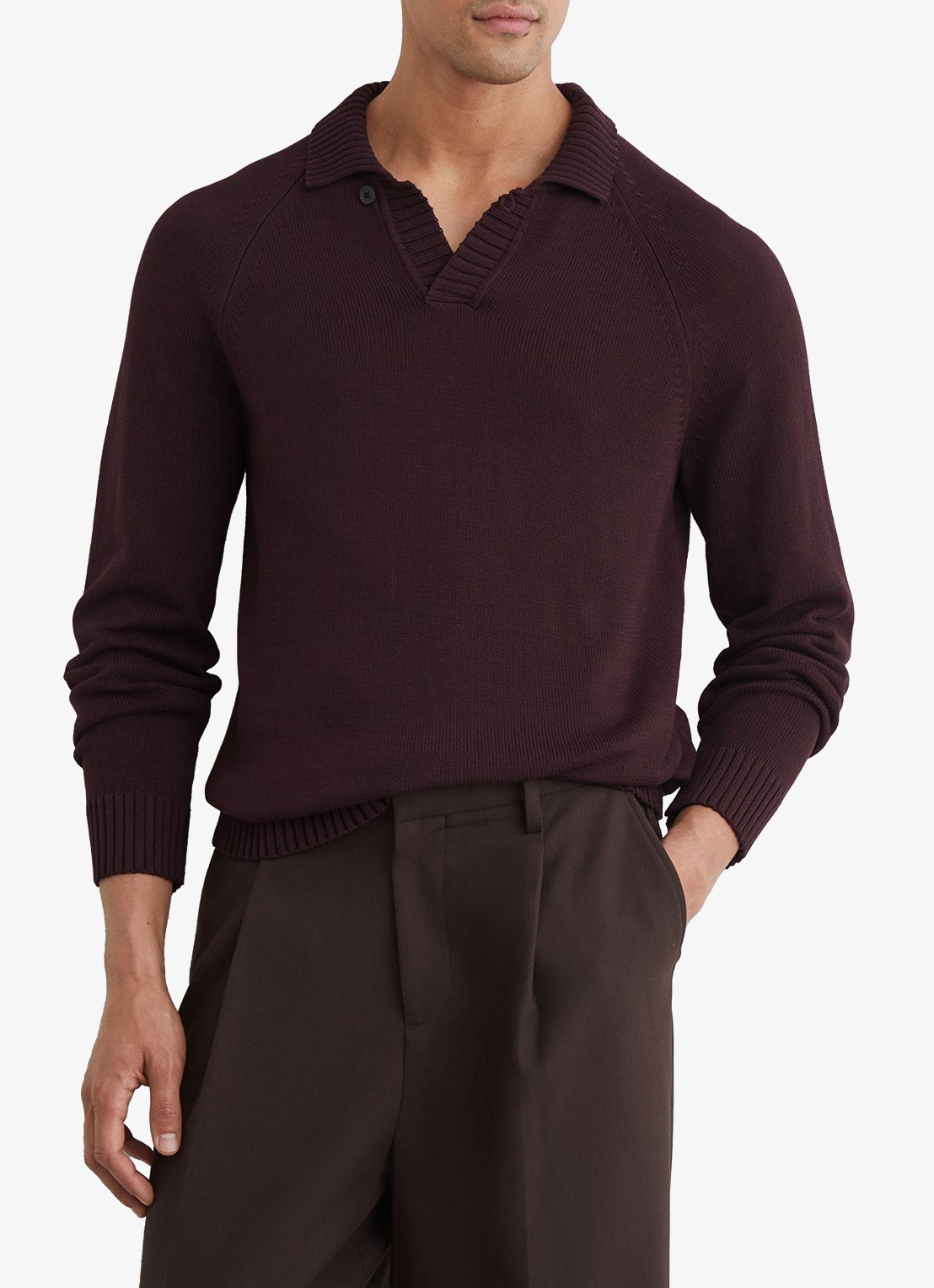 Reiss Ashdown Cotton Open-Collar Polo Jumper  - detail 3 bordeauxrood