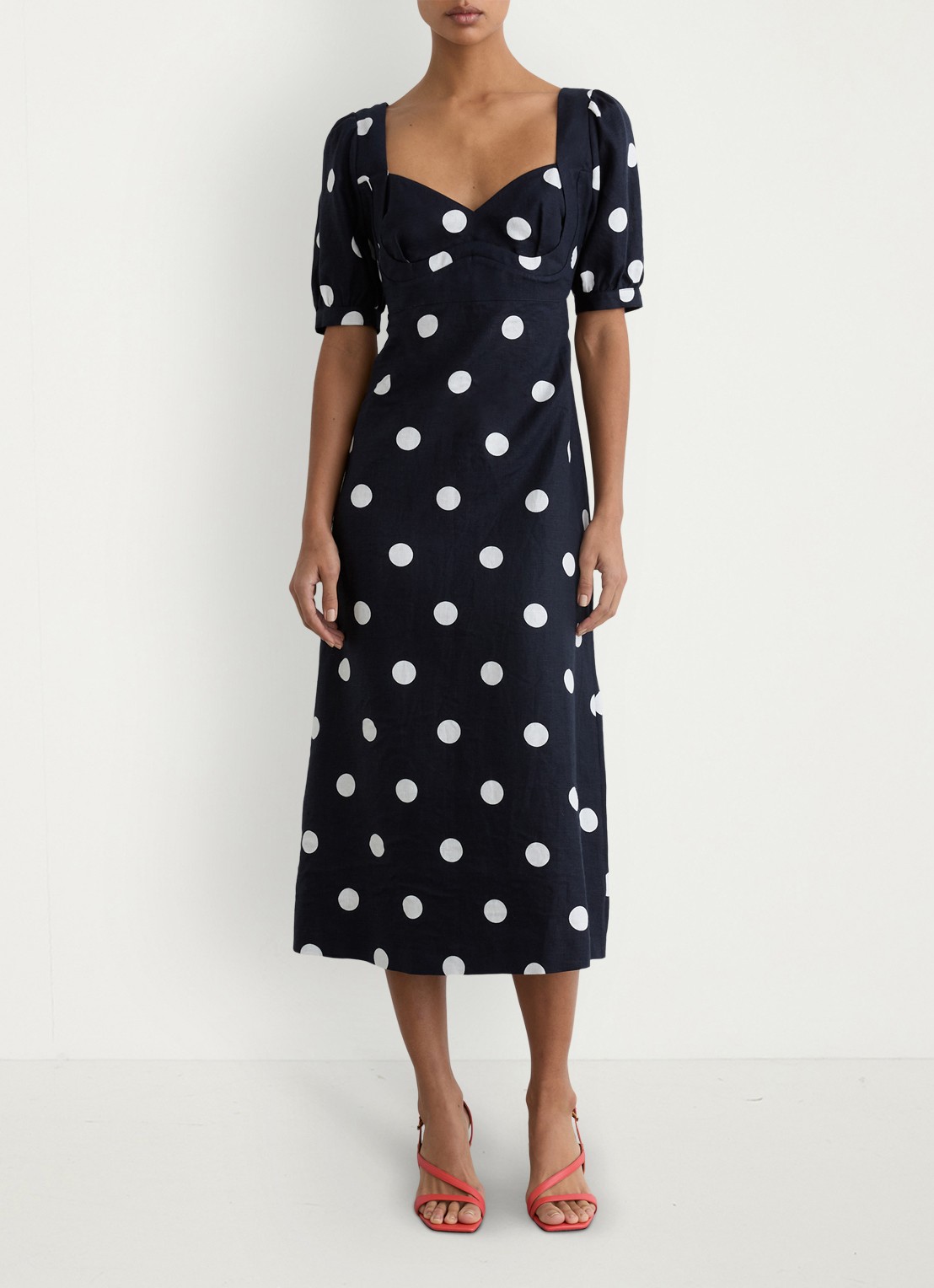 Reiss Astrid midi jurk van linnen met pofmouw - detail zwart