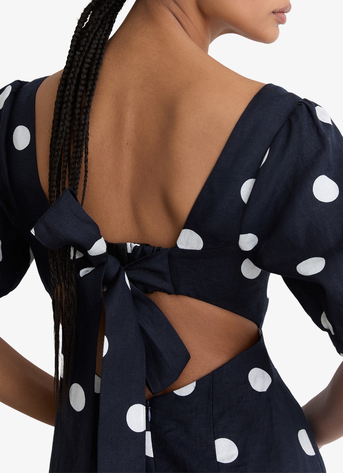 Reiss Astrid midi jurk van linnen met pofmouw - voorkant 6 zwart