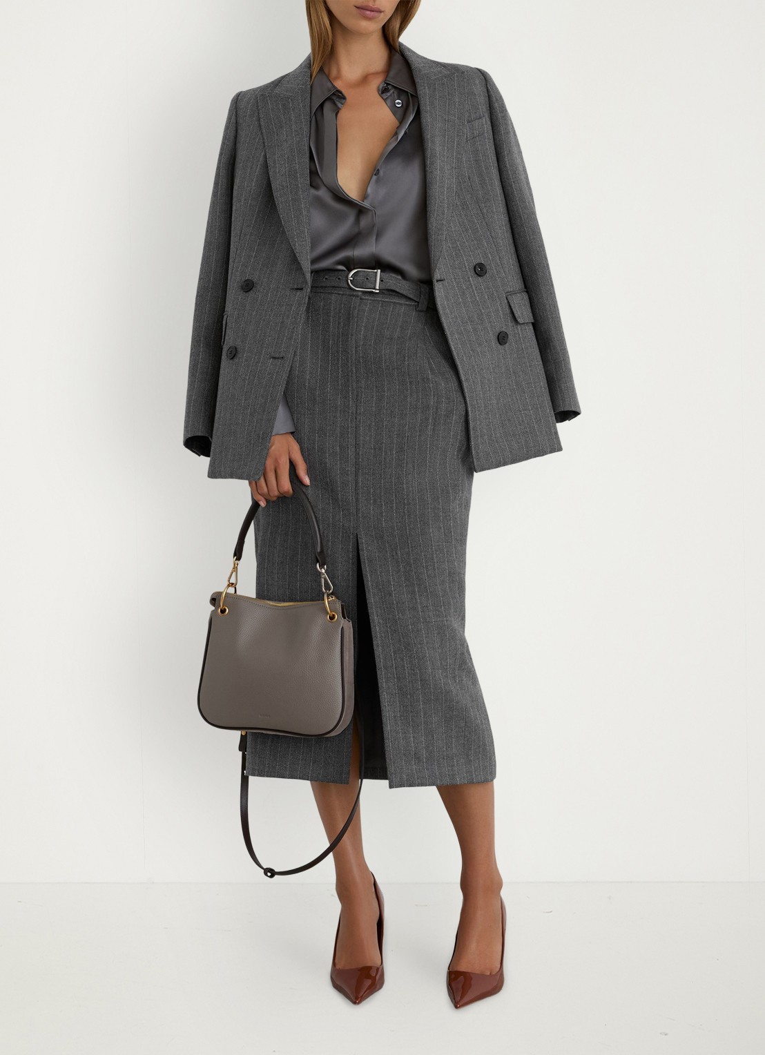 Reiss Astrid midi rok met krijtstreep - voorkant 7 grijs