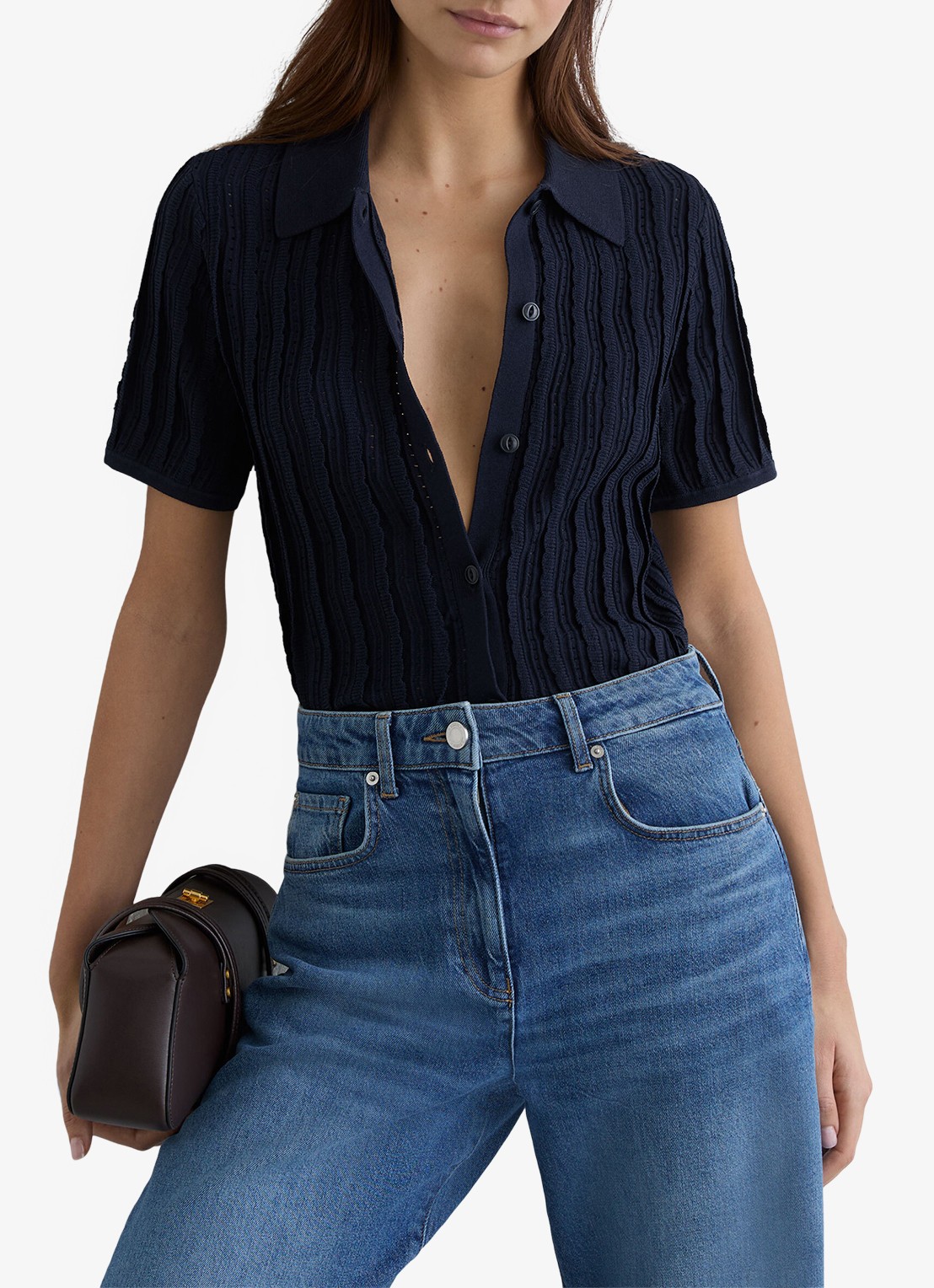 Reiss Audrey blouse met structuur - detail 4 donkerblauw