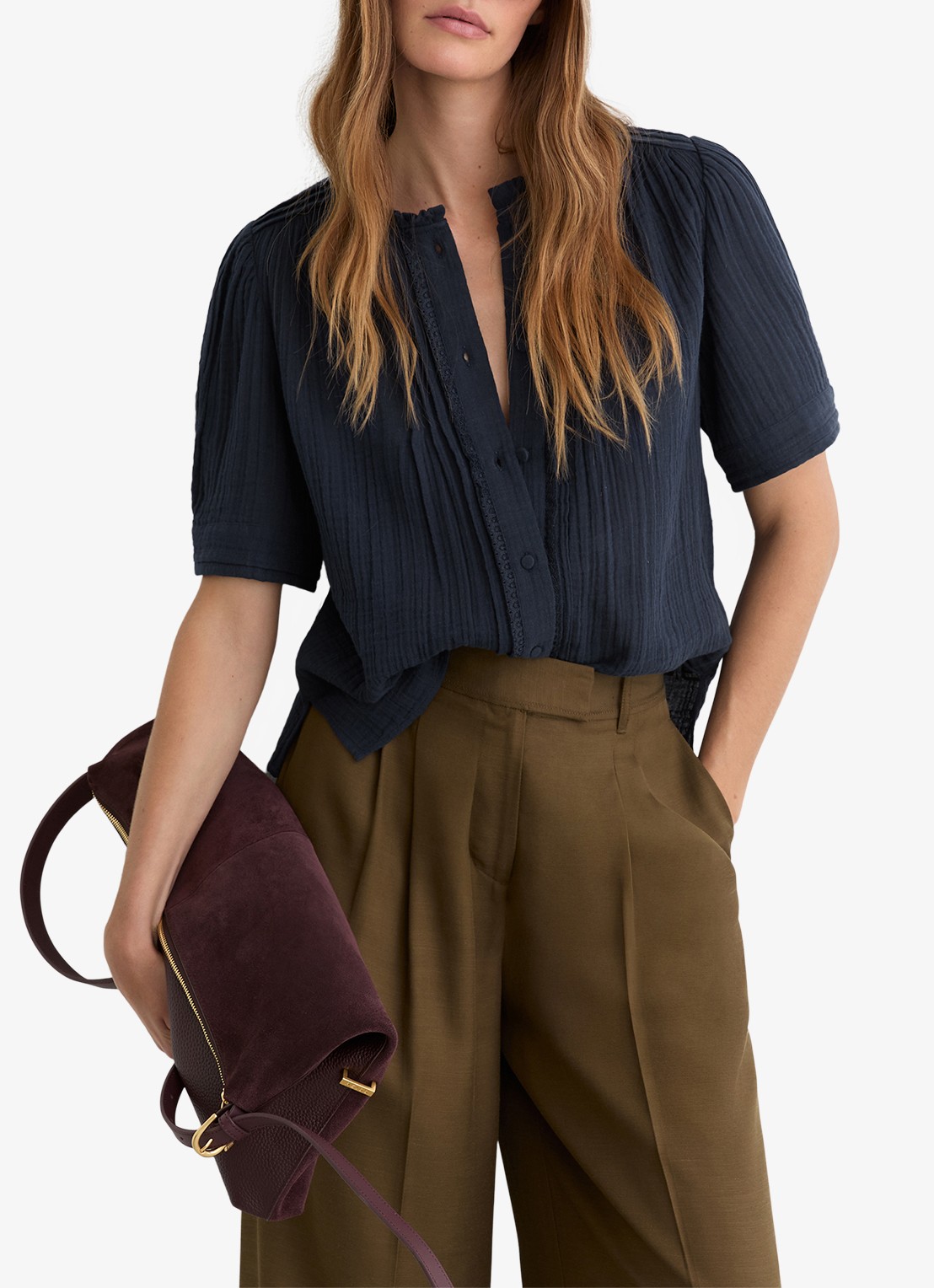 Reiss AURELIA Cotton Cheesecloth Frill-Neck Top - detail 3 donkerblauw