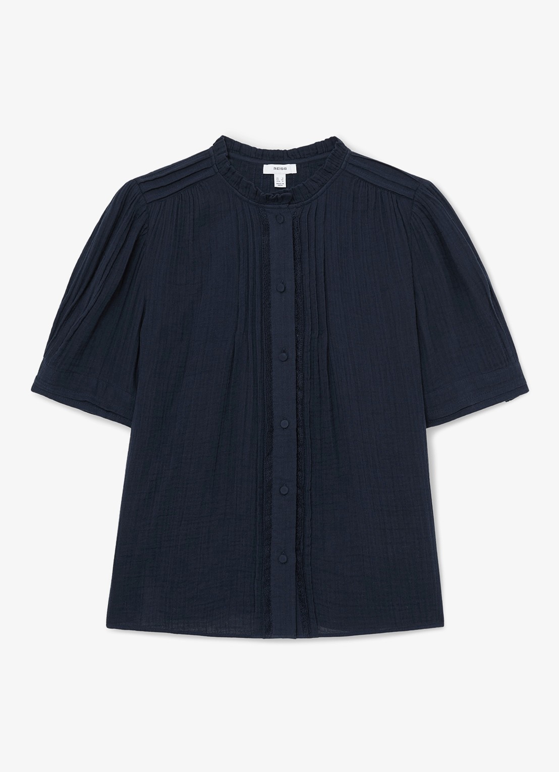 Reiss AURELIA Cotton Cheesecloth Frill-Neck Top - voorkant donkerblauw