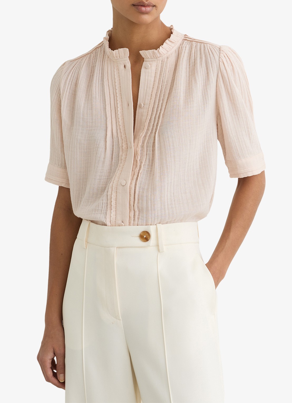 Reiss AURELIA Cotton Cheesecloth Frill-Neck Top - detail 4 roze