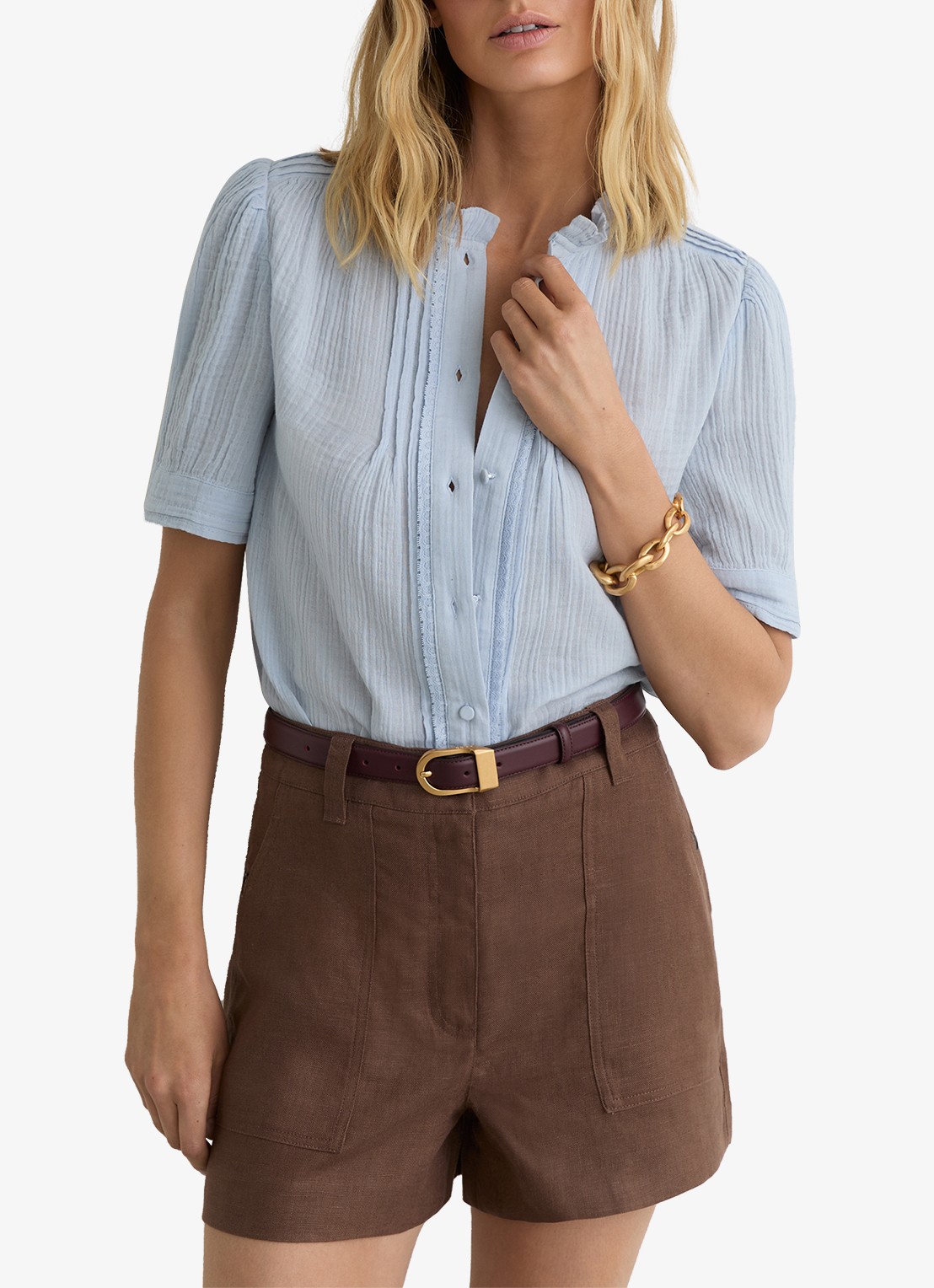 Reiss AURELIA Cotton Cheesecloth Frill-Neck Top - detail 2 lichtblauw
