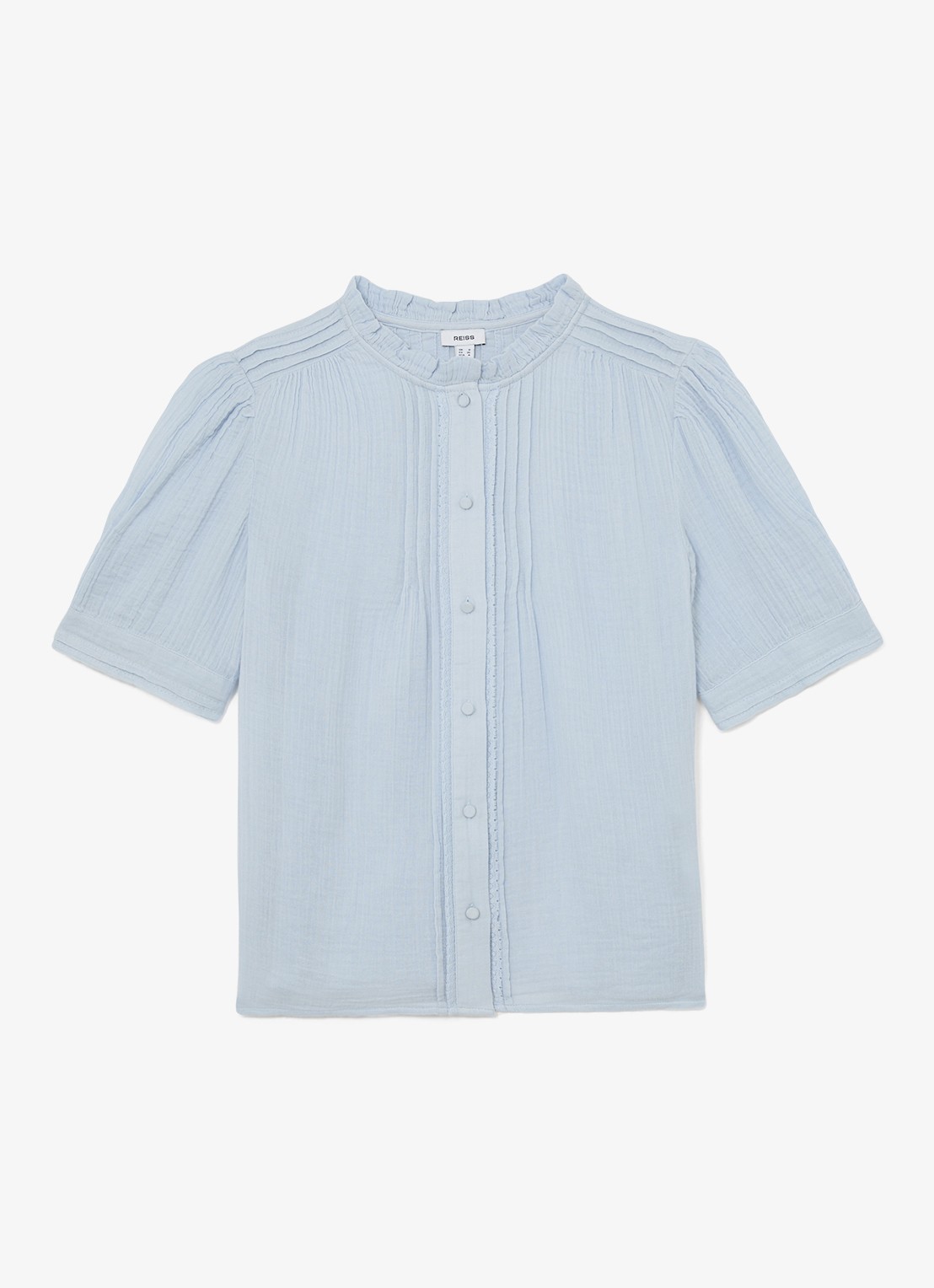 Reiss AURELIA Cotton Cheesecloth Frill-Neck Top - voorkant 6 lichtblauw