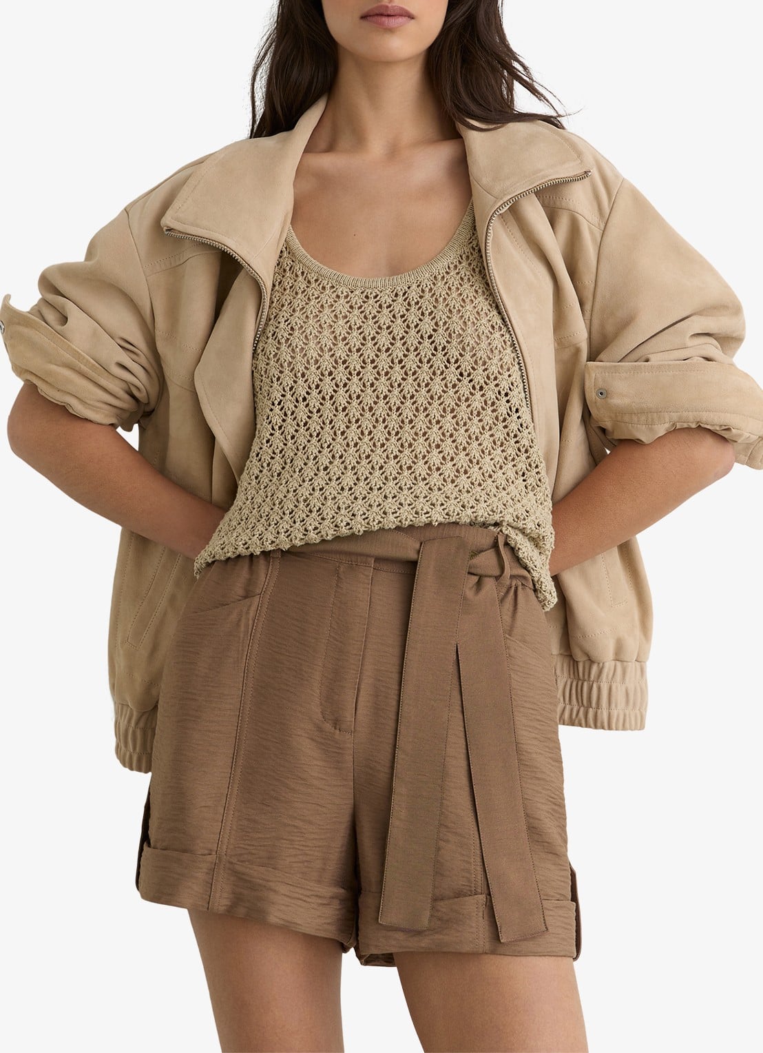 Reiss Avril high waist wide fit krote broek met strikceintuur - detail 6 bruin
