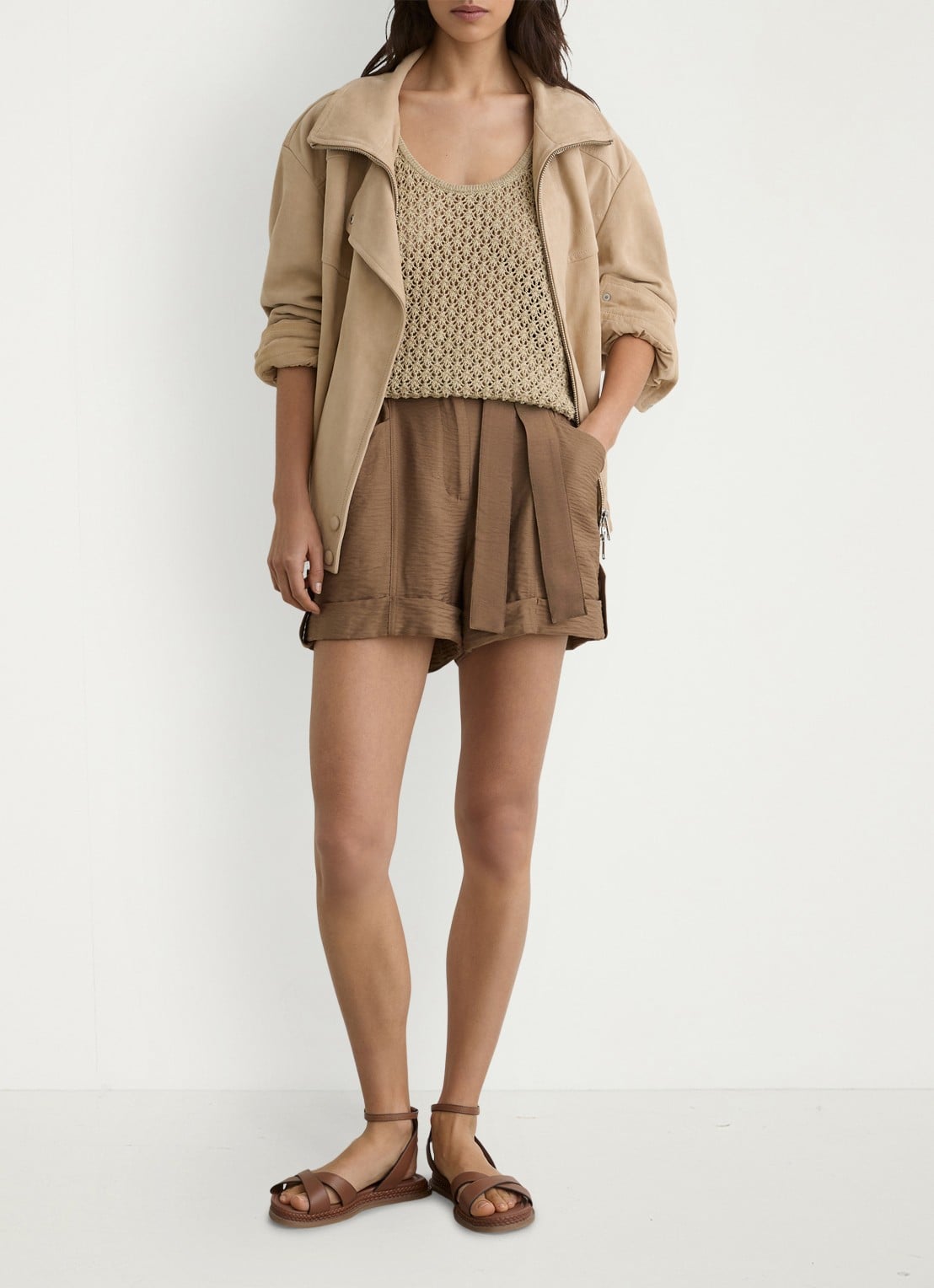 Reiss Avril high waist wide fit krote broek met strikceintuur - voorkant 2 bruin
