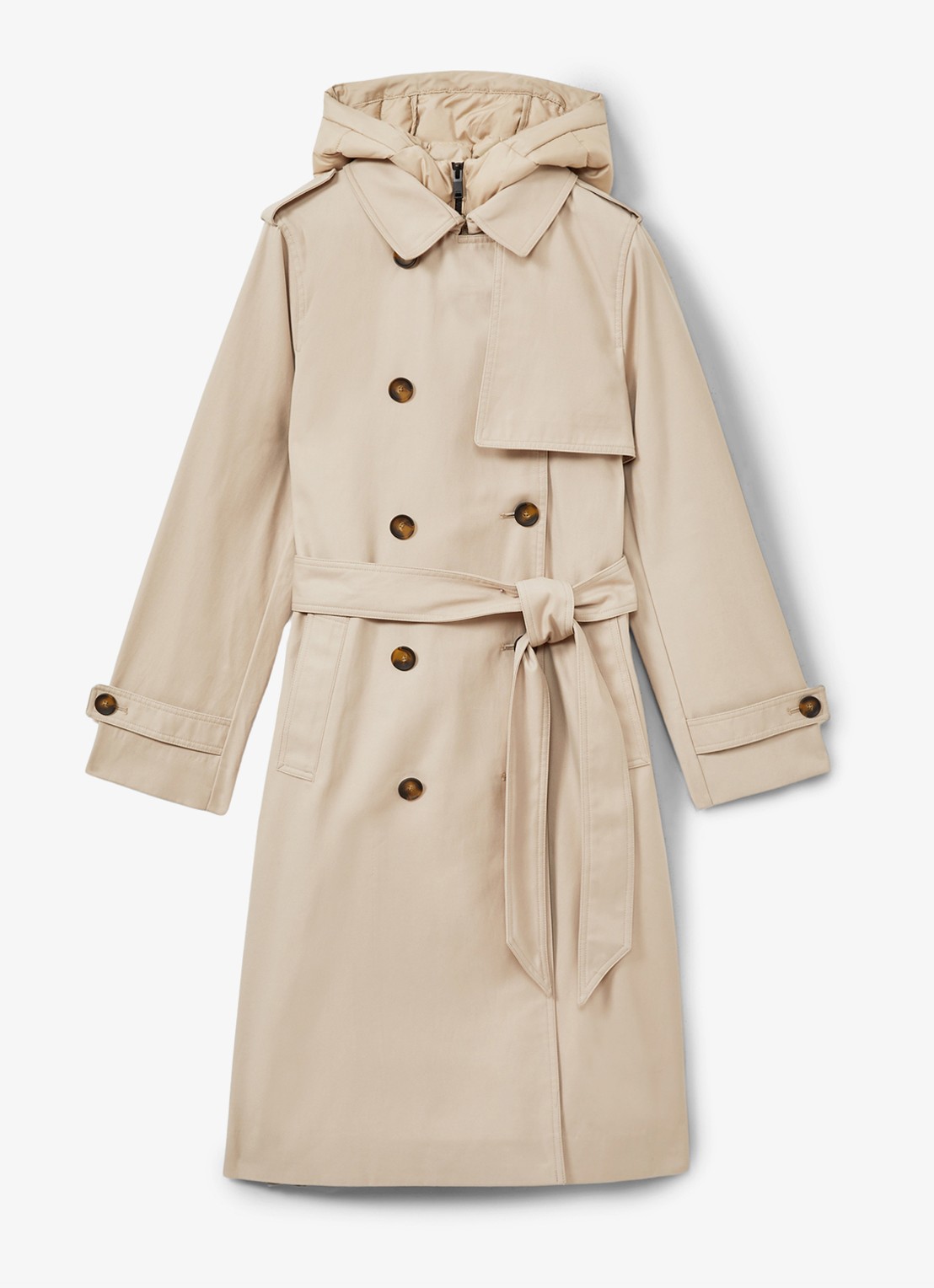 Reiss Azura double-breasted trenchcoat met afneembare capuchon - voorkant beige