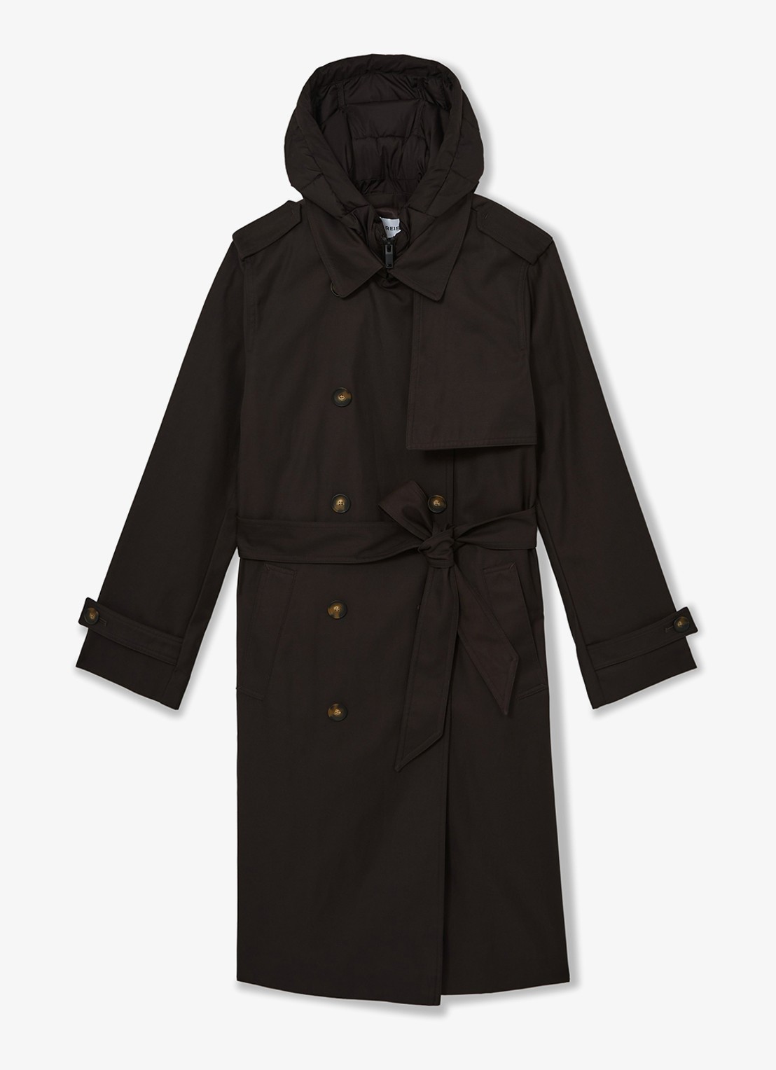 Reiss Azura double-breasted trenchcoat met afneembare capuchon - voorkant 6 donkerbruin